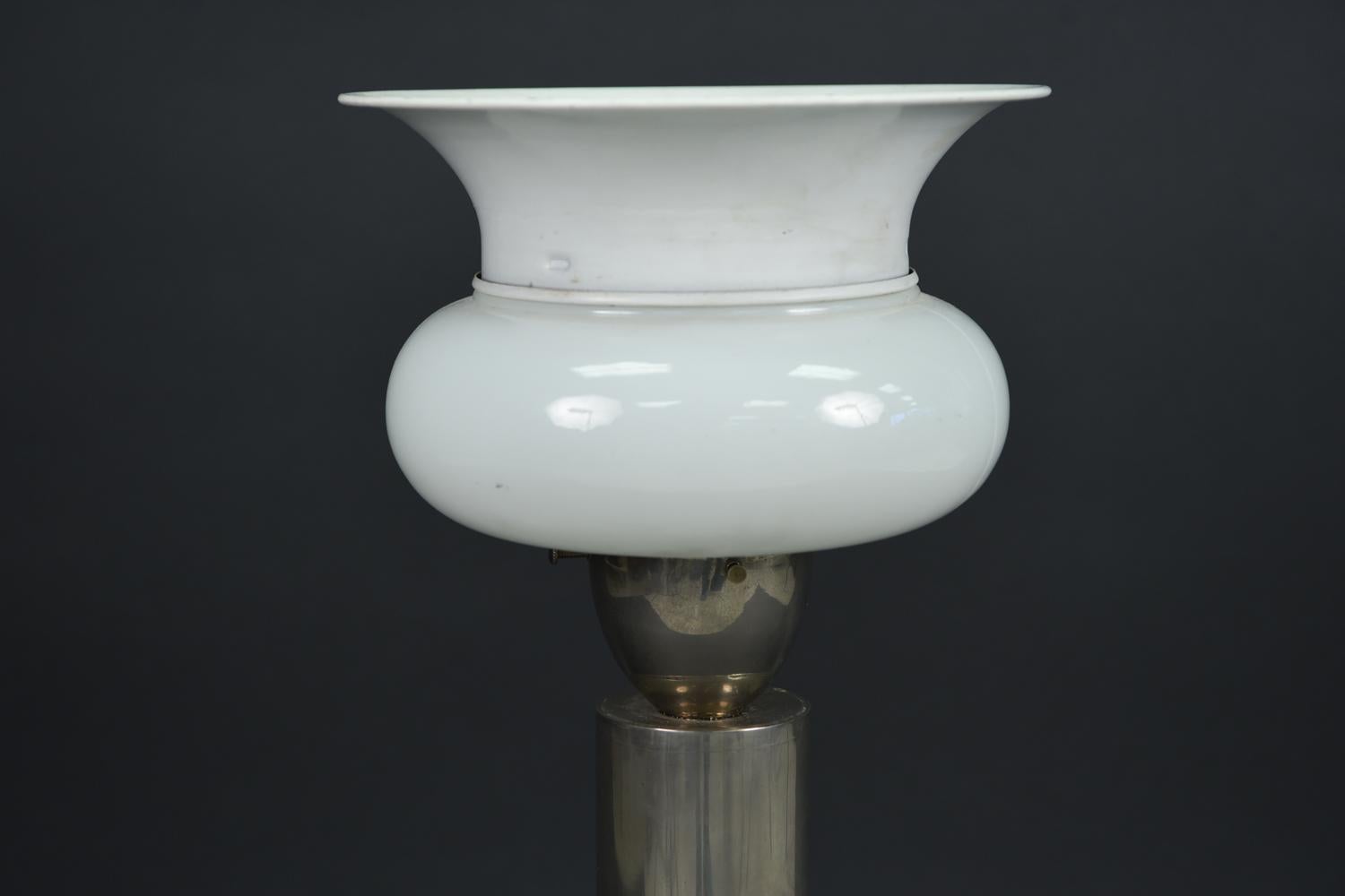 Midcentury Machine Age Nickel and Milk Glass Torchiere Table Lamp 5