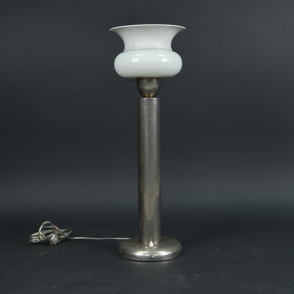 Midcentury Machine Age Nickel and Milk Glass Torchiere Table Lamp 6