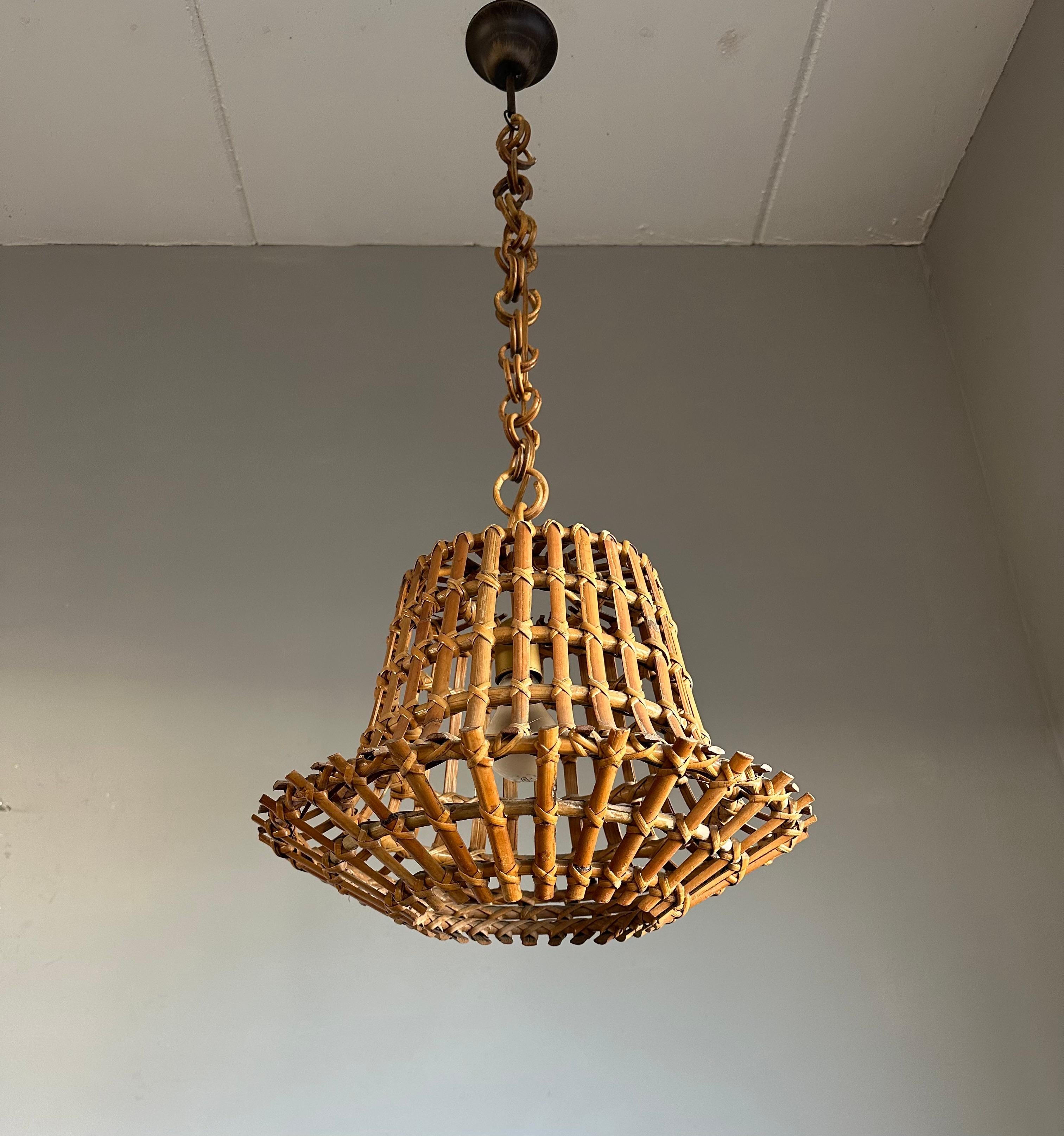 Mid-Century Made Italian Design Organic Bamboo & Woven Wicker Suspension Light 1960 en vente 6