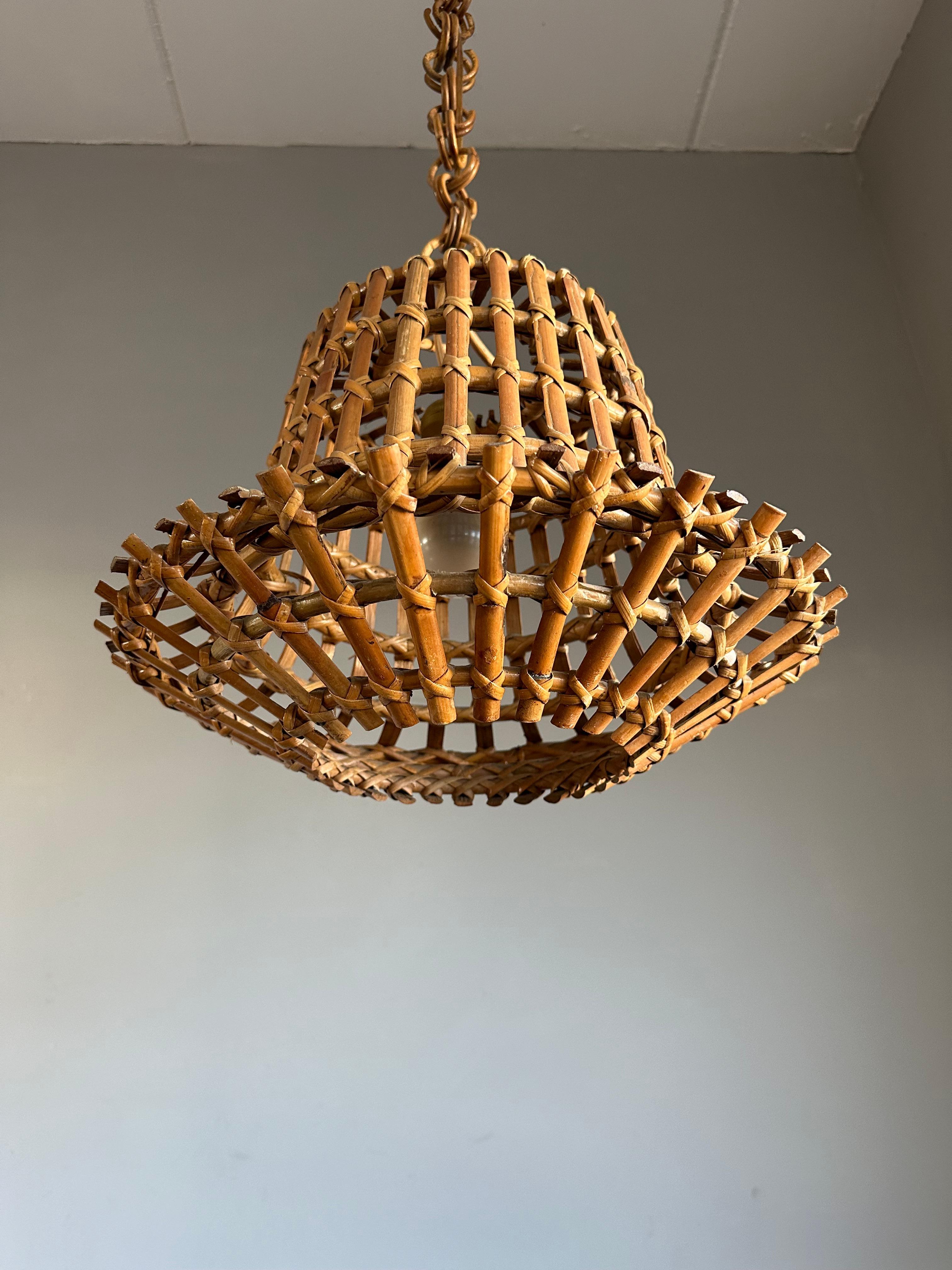 Mid-Century Made Italian Design Organic Bamboo & Woven Wicker Suspension Light 1960 en vente 7