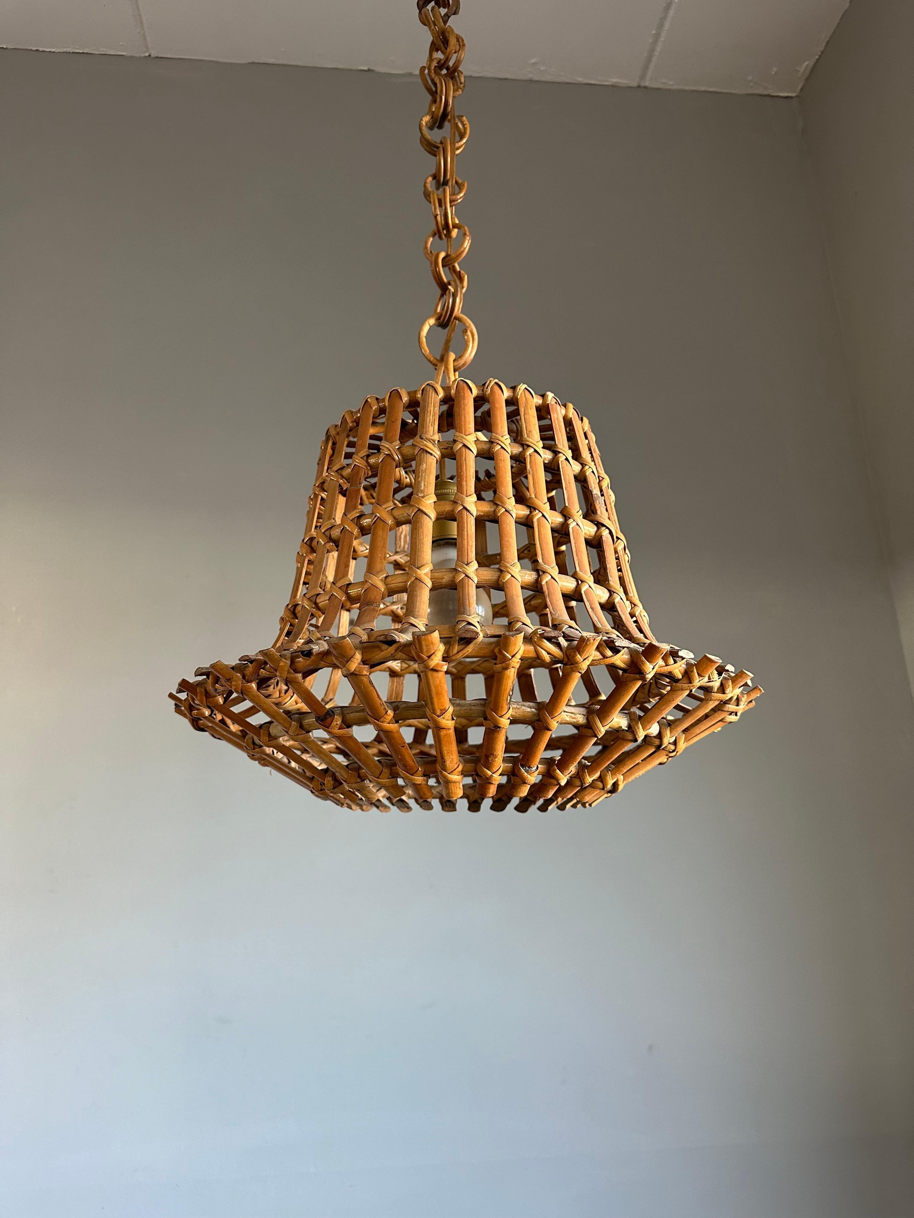 Mid-Century Made Italian Design Organic Bamboo & Woven Wicker Suspension Light 1960 en vente 12
