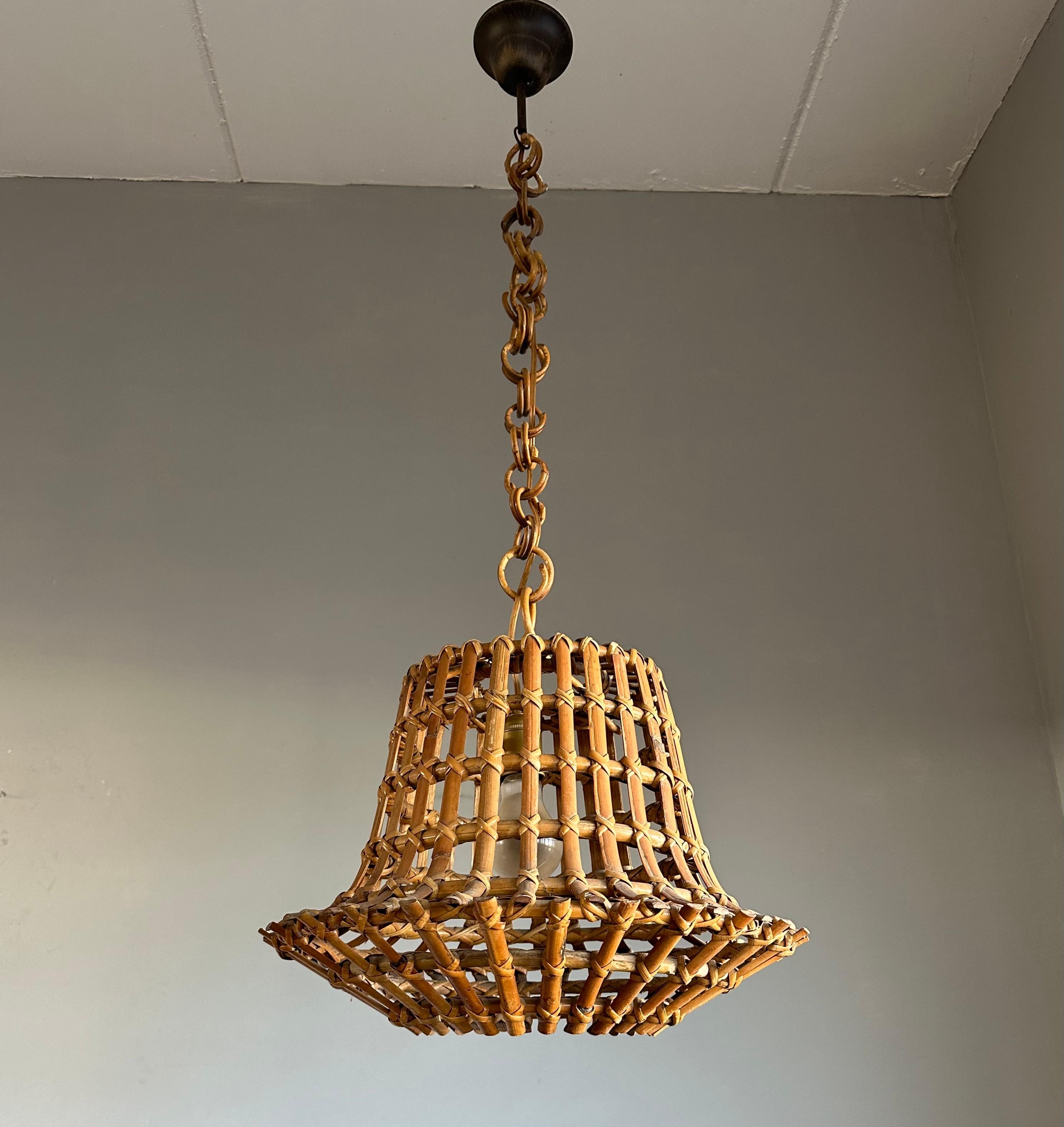 Patinated Mid-Century Made Italian Design Organic Bamboo & Woven Wicker Pendant Light 1960 For Sale