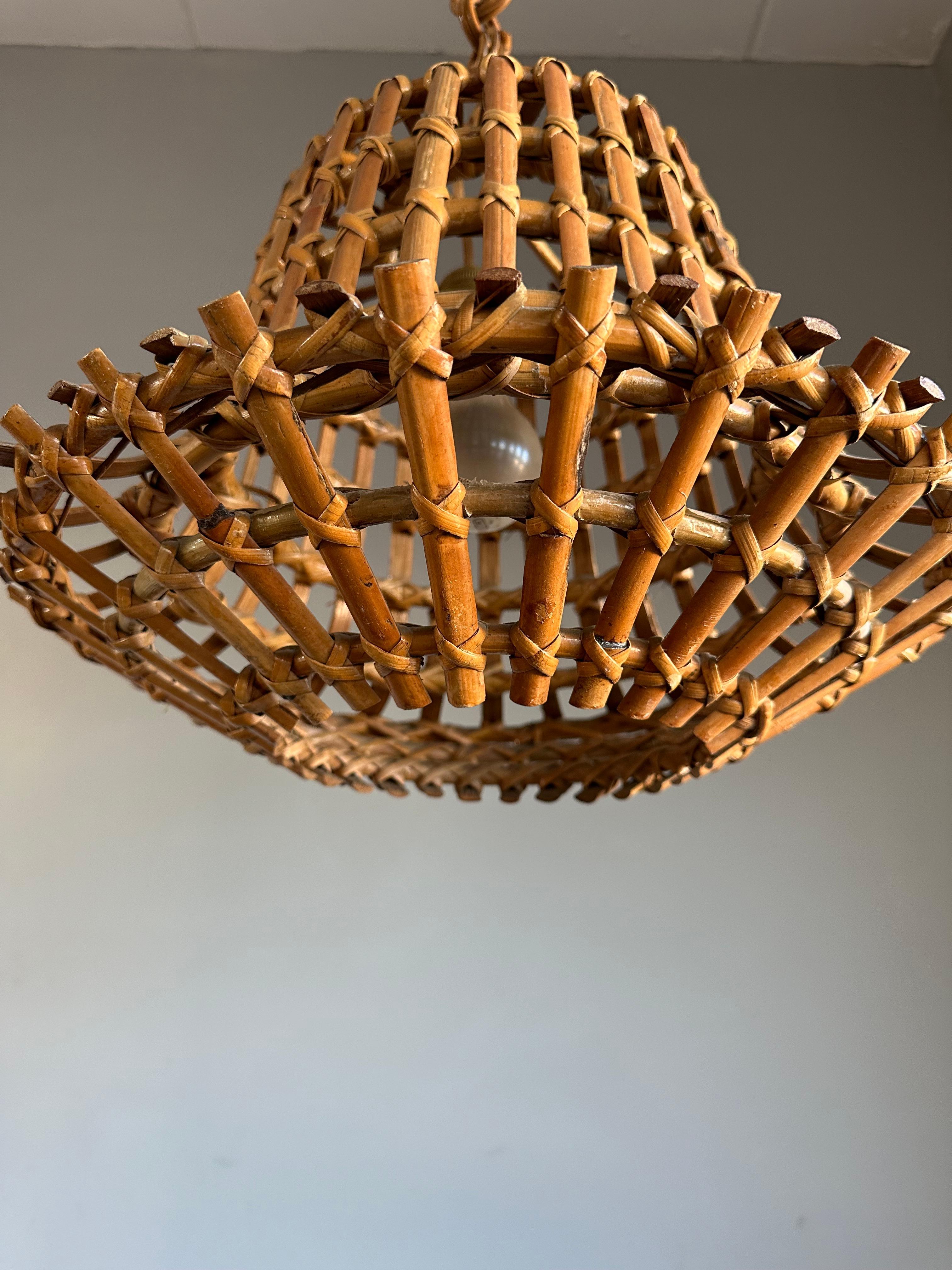 Brass Mid-Century Made Italian Design Organic Bamboo & Woven Wicker Pendant Light 1960 For Sale