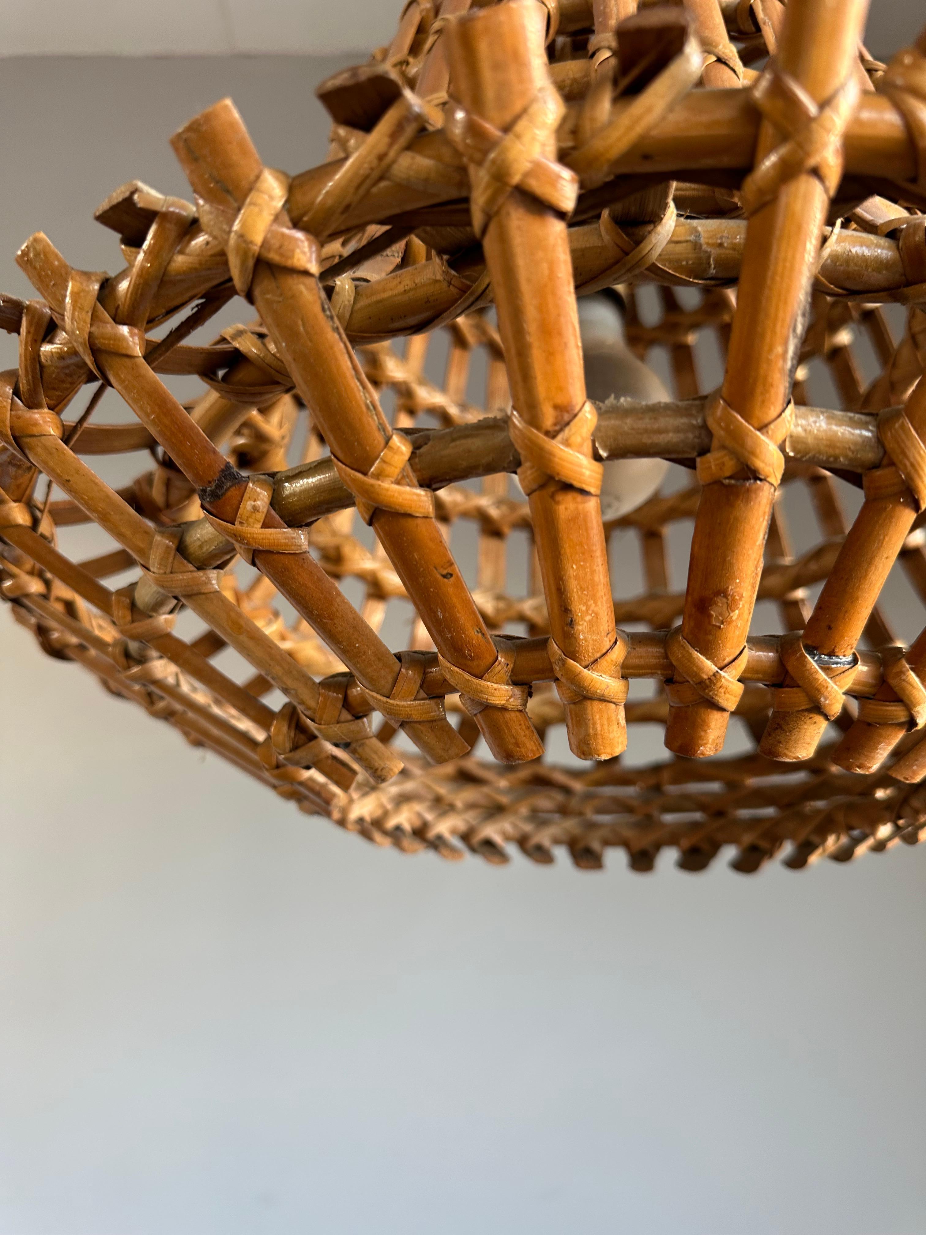 Mid-Century Made Italian Design Organic Bamboo & Woven Wicker Pendant Light 1960 For Sale 1