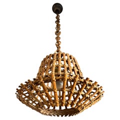 Mid-Century Made Italian Design Organic Bamboo & Woven Wicker Pendant Light 1960