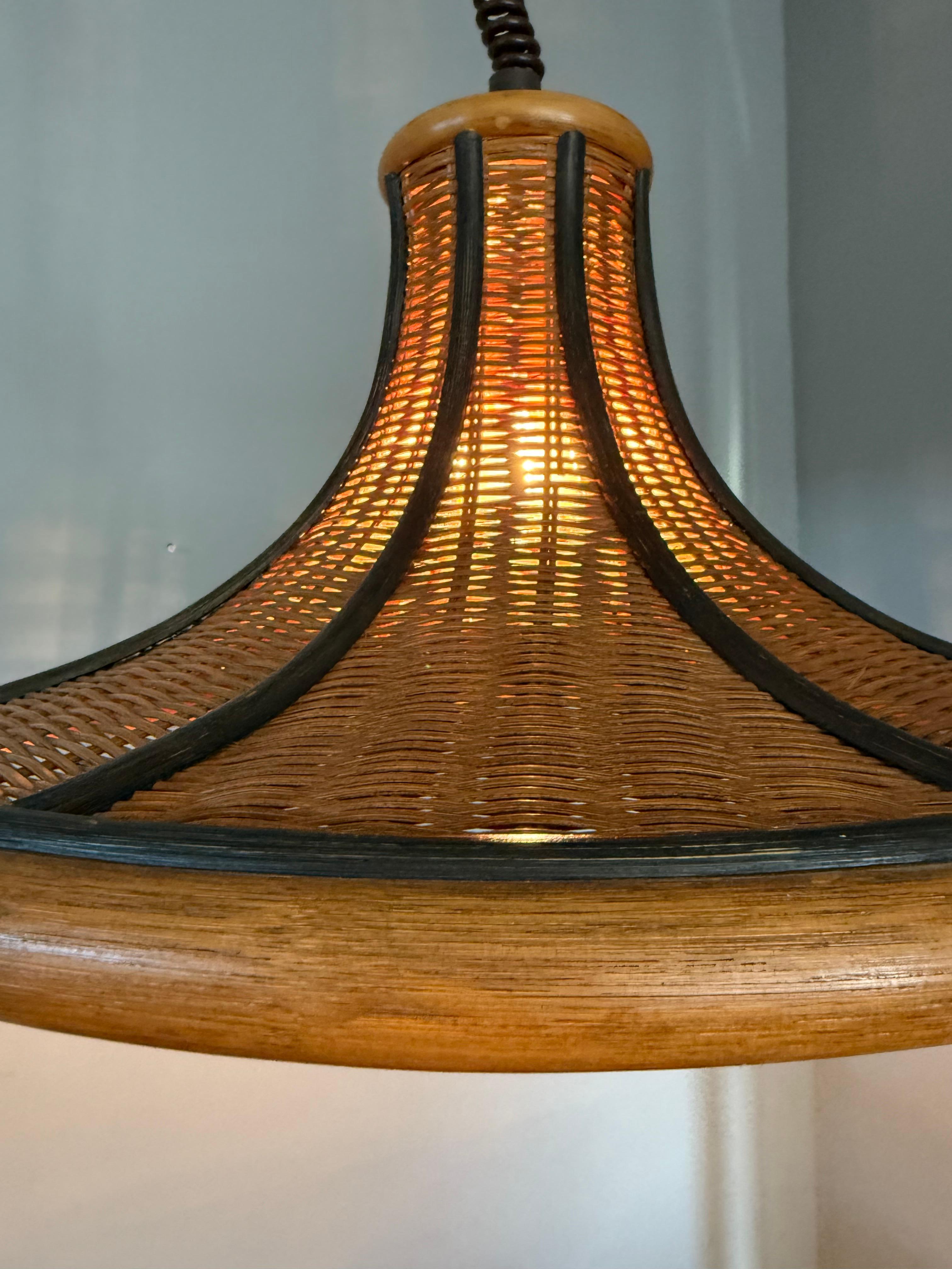 Vimini Lampada a sospensione in rattan organico e vimini intrecciato di metà secolo, design raro, c.C. 1970 in vendita