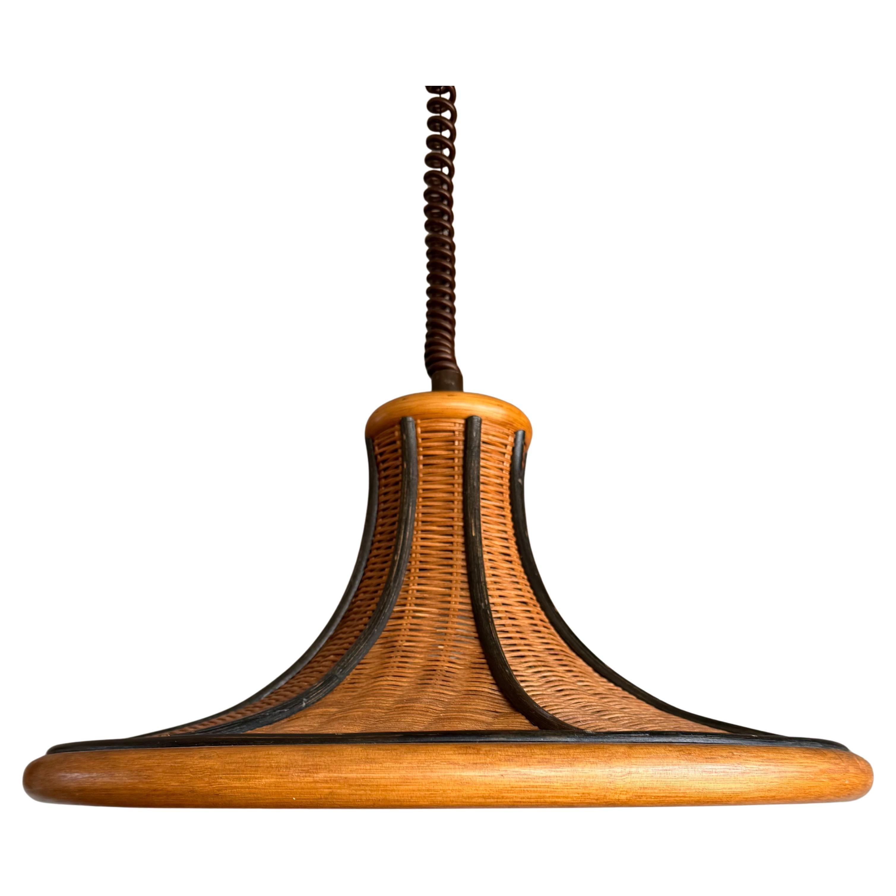 Lampada a sospensione in rattan organico e vimini intrecciato di metà secolo, design raro, c.C. 1970
