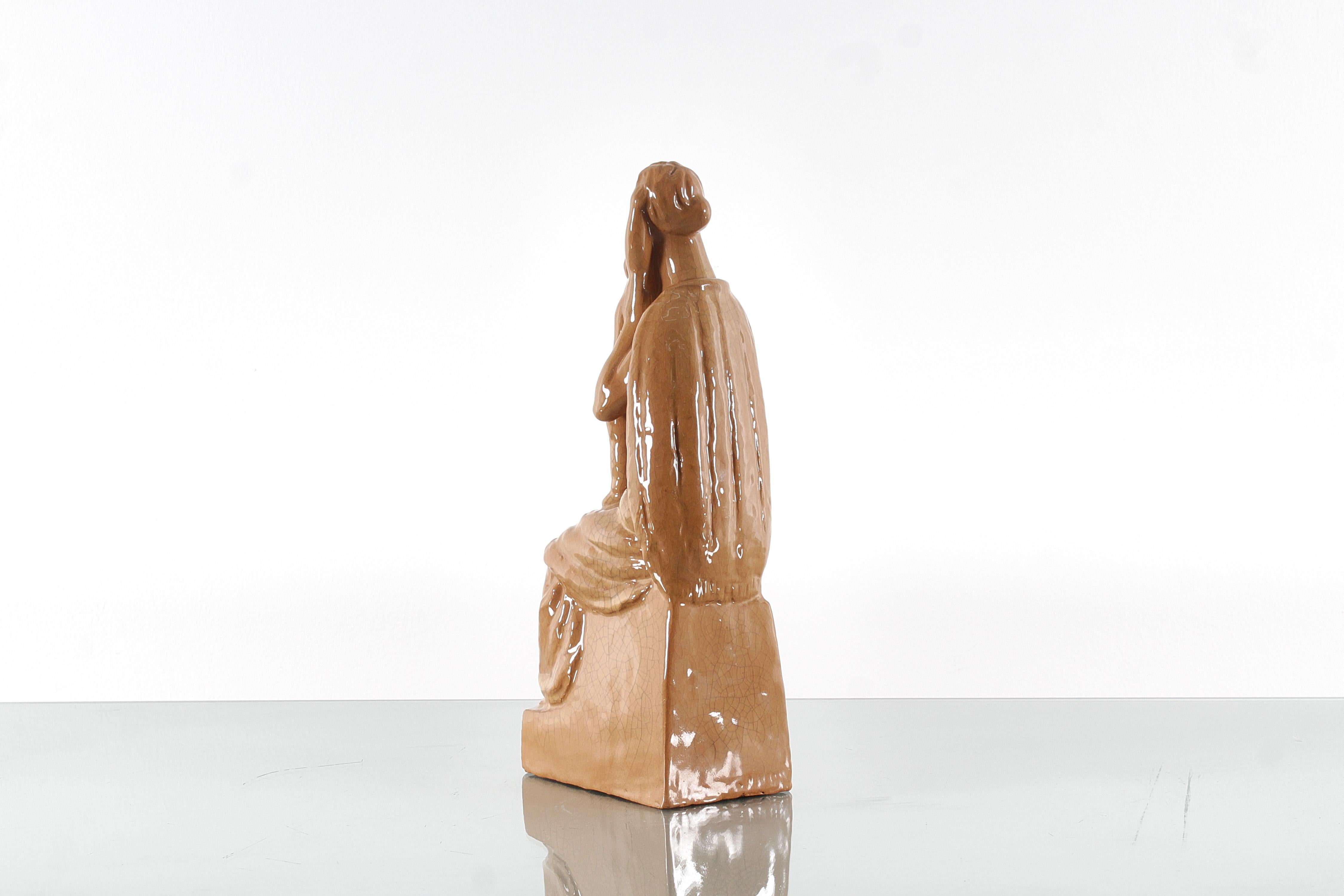 Mid-20th Century Mid-Century Madonna and Child Glossy Glazed Ceramic Sculpture 1940s Italy For Sale