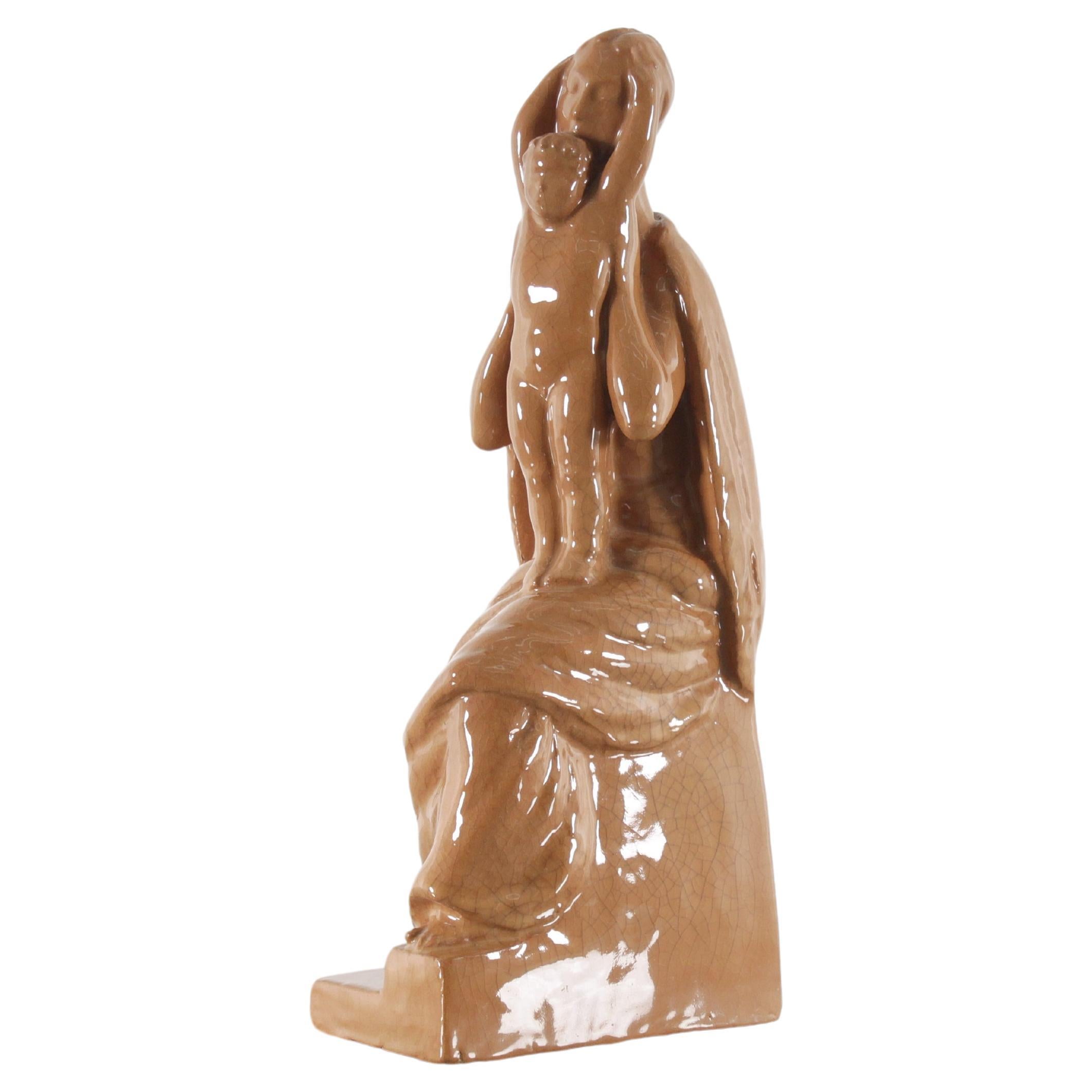 Mid-Century Madonna and Child Glossy Glazed Ceramic Sculpture 1940s Italy
