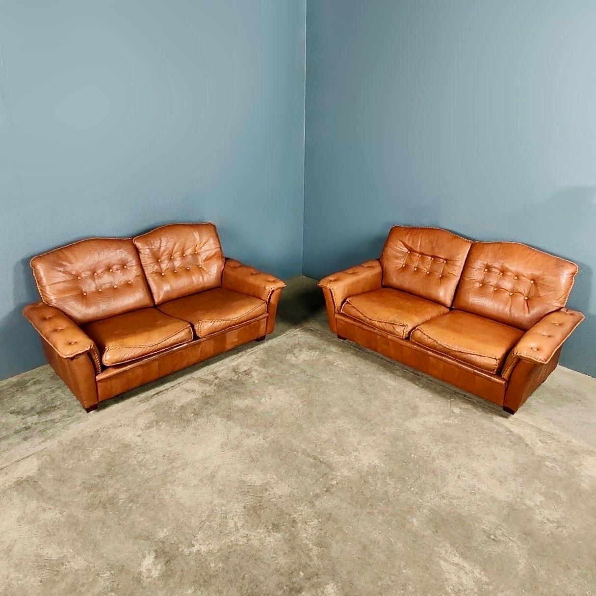Mid-20th Century Mid Century Madsen & Schubell Two Seater Sofa Tan Brown Leather Vintage Retro