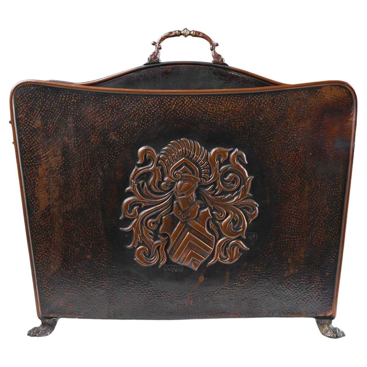 Mid-century magazine rack in hammered copper, France ca. 1900