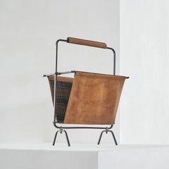 Mid-Century Magazine Rack in Patinated Cognac Leather, Brass and Metal, 1950s