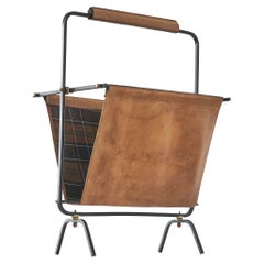Portariviste di metà secolo in pelle patinata color cognac, ottone e metallo, anni '50