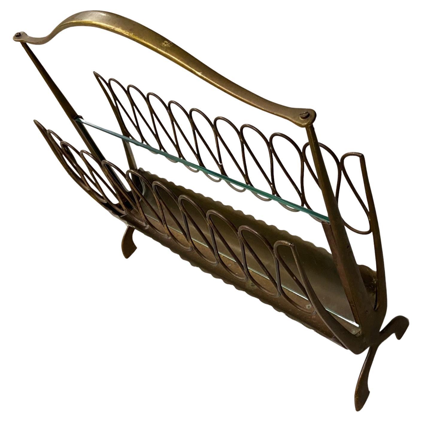 Mid-Century Modern Midcentury Magazine Rack in the Style of Gio Ponti, Brass and Glass For Sale