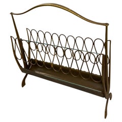 Vintage Midcentury Magazine Rack in the Style of Gio Ponti, Brass and Glass