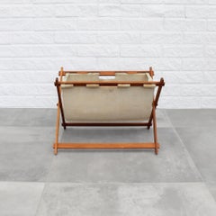 Mid-century magazine rack, suede leather and teak, Sweden, 1960s