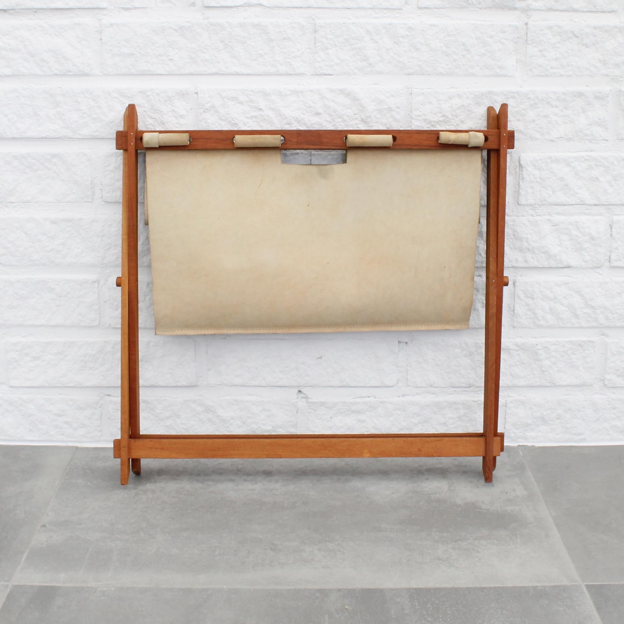 Mid-20th Century Mid-century magazine rack, suede leather and teak, Sweden, 1960s For Sale