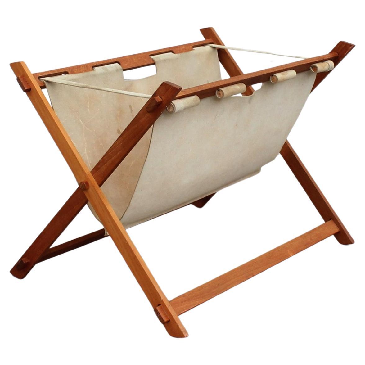 Mid-century magazine rack, suede leather and teak, Sweden, 1960s For Sale