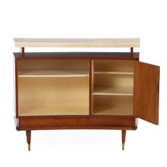 Mid Century Mahogany and Parchment Bar and Stool Set, Brass Details