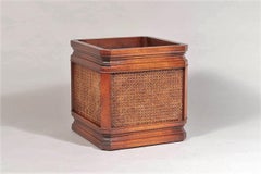 Mid Century Mahogany and Rattan Square Cube indoor Planter Jardinière Stand