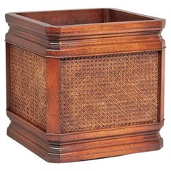 Mid Century Mahogany and Rattan Square Cube indoor Planter Jardinière Stand