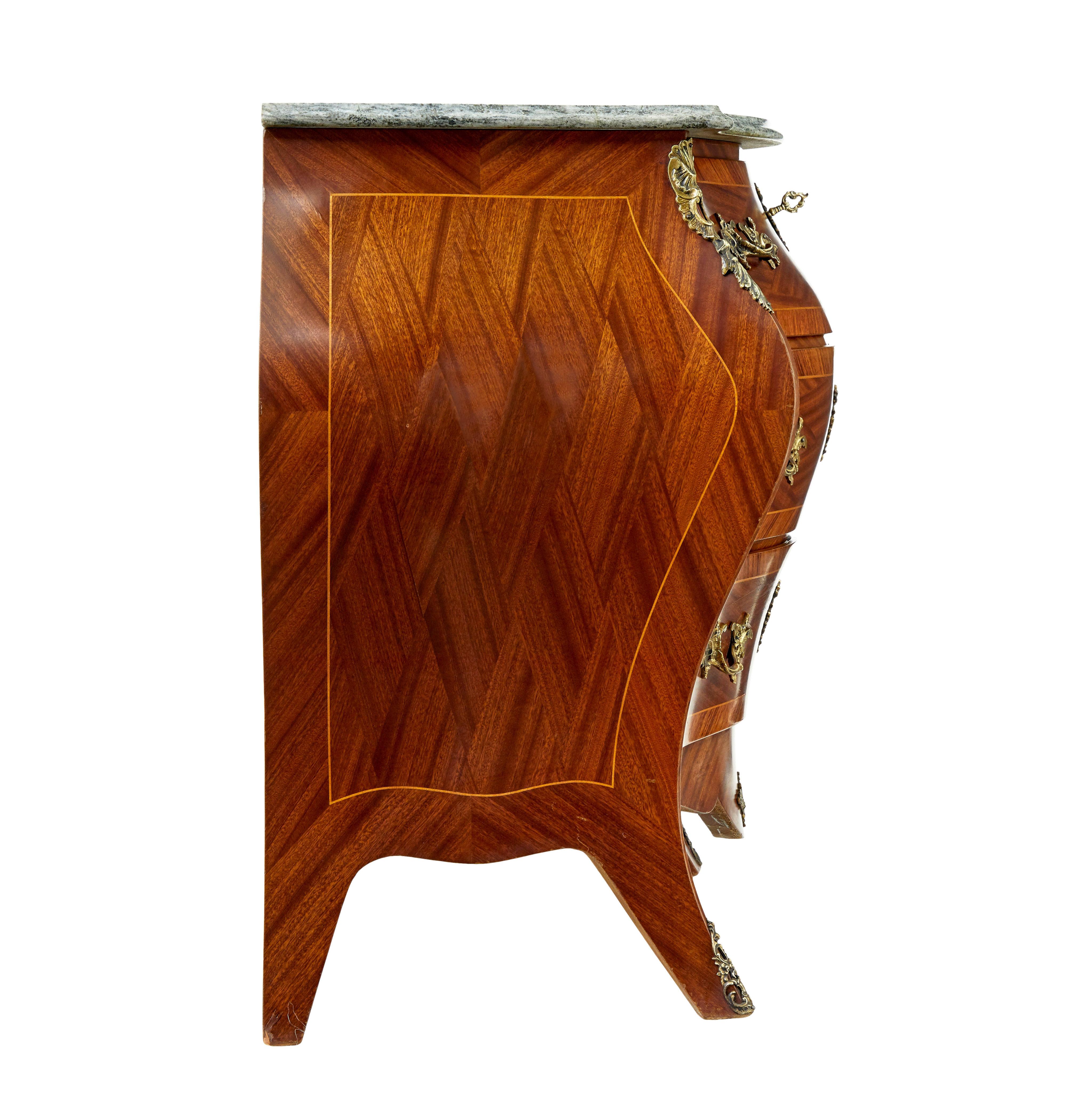 Swedish Mid century mahogany bombe commode chest of drawers For Sale