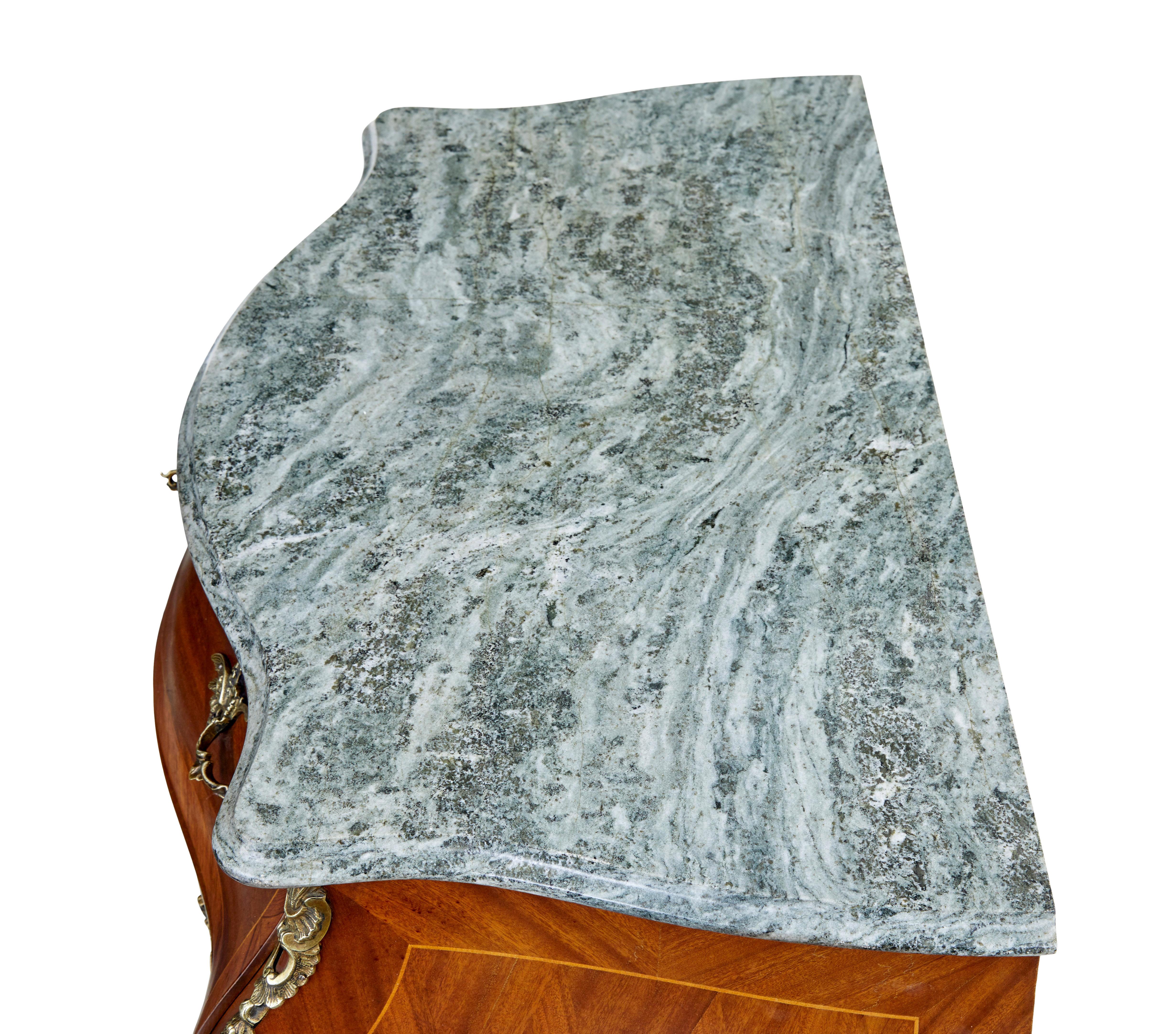 Marble Mid century mahogany bombe commode chest of drawers For Sale