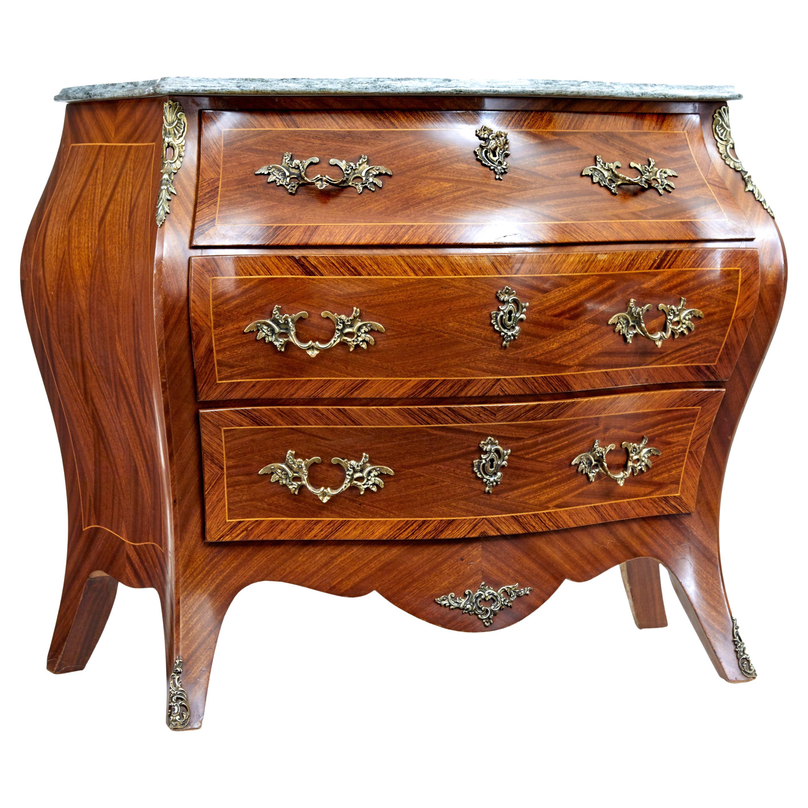 Mid century mahogany bombe commode chest of drawers For Sale