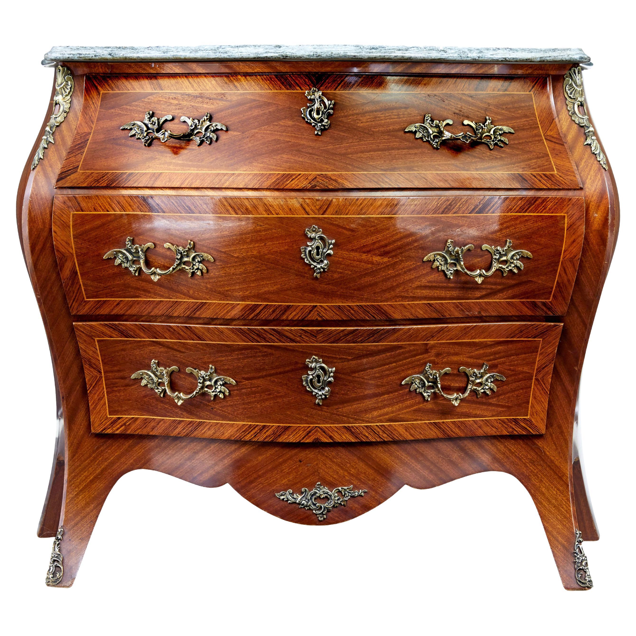 Mid century mahogany bombe commode chest of drawers For Sale