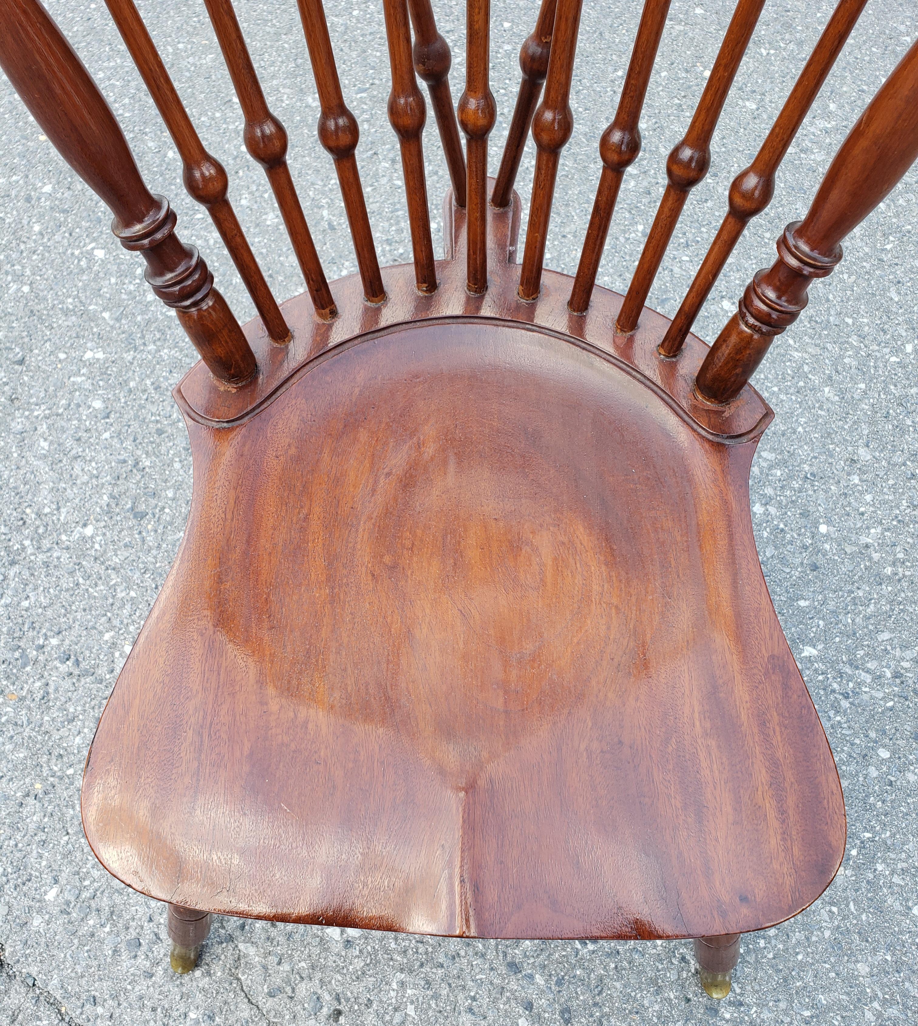 American Mid-Century Mahogany Brace Back Sadle Seat Windsor Chair W Brass Leg Caps  For Sale