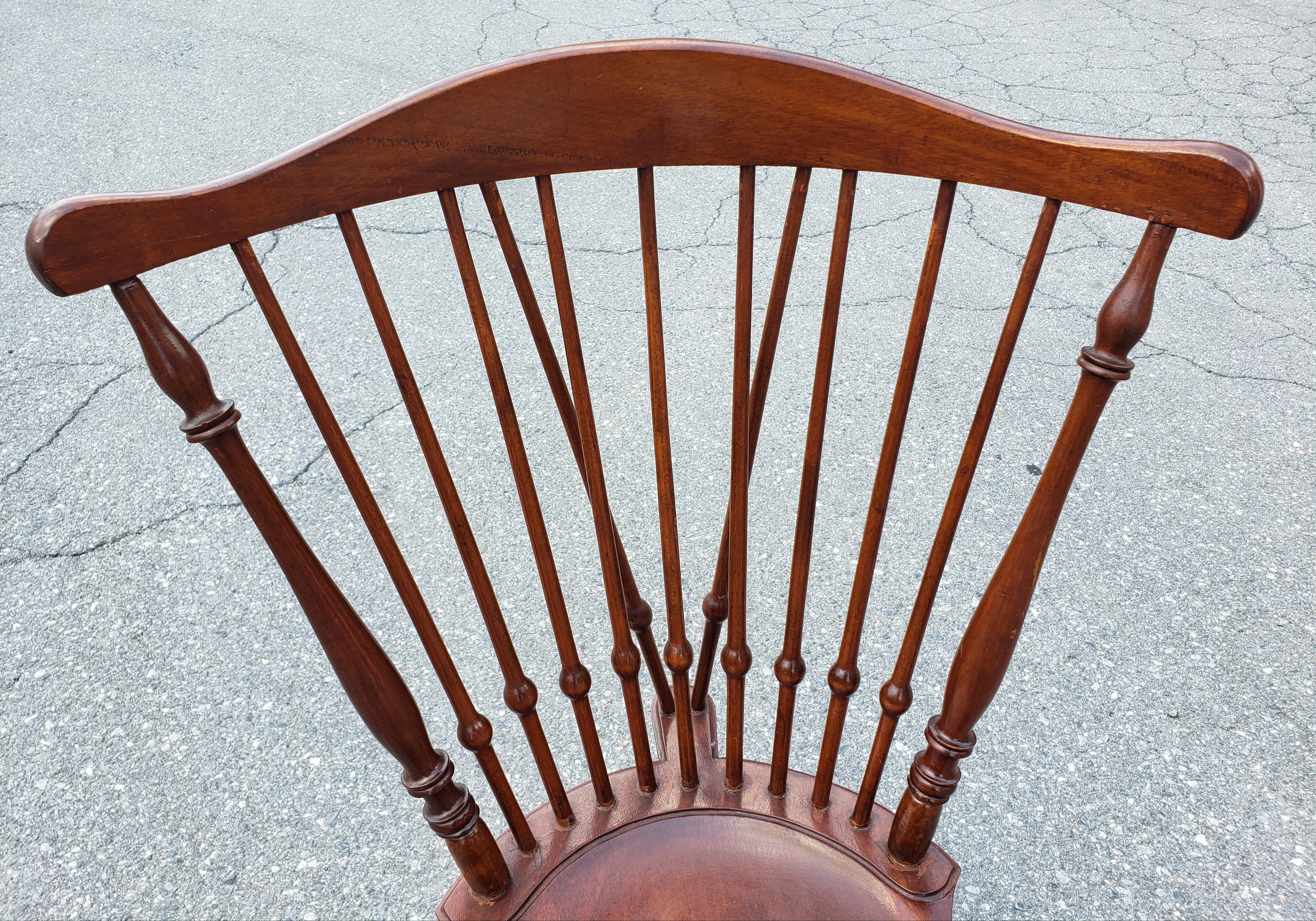 Hand-Crafted Mid-Century Mahogany Brace Back Sadle Seat Windsor Chair W Brass Leg Caps  For Sale