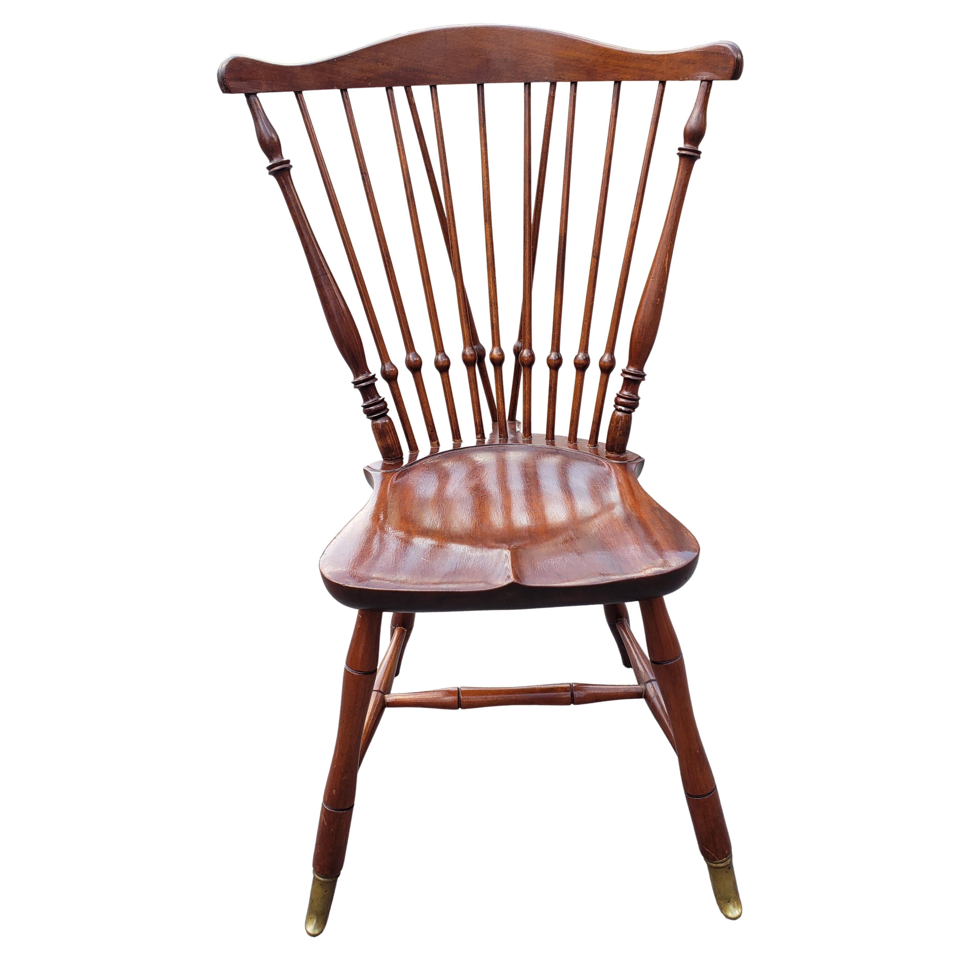 Mid-Century Mahogany Brace Back Sadle Seat Windsor Chair W Brass Leg Caps  For Sale