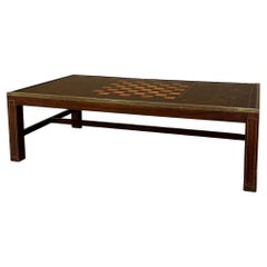 Mid-Century Mahogany & Brass Coffee Table with Chess Board