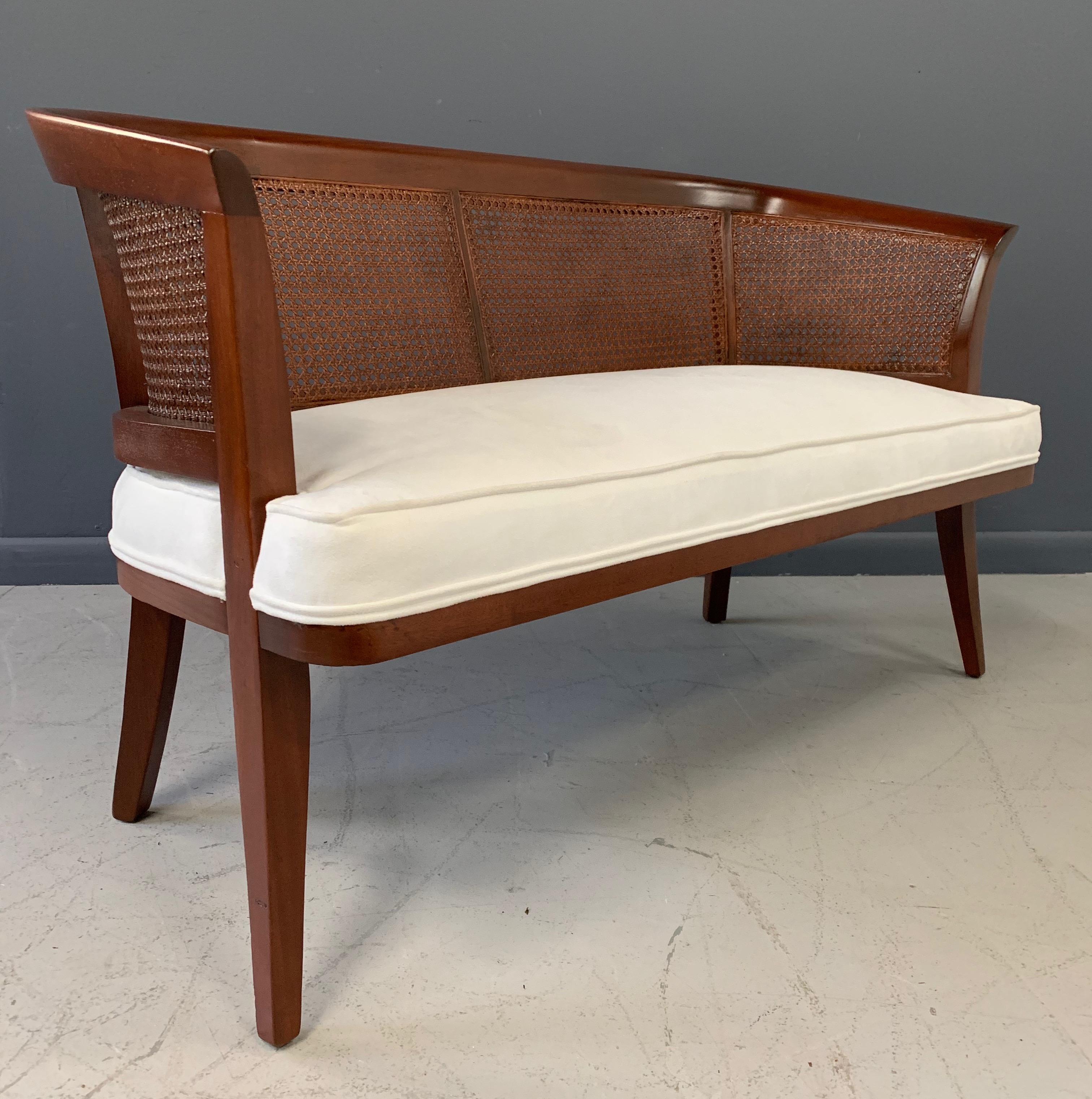 Mid-Century Modern Midcentury Mahogany, Cane and Upholstered Bench in the Style of Edward Wormley