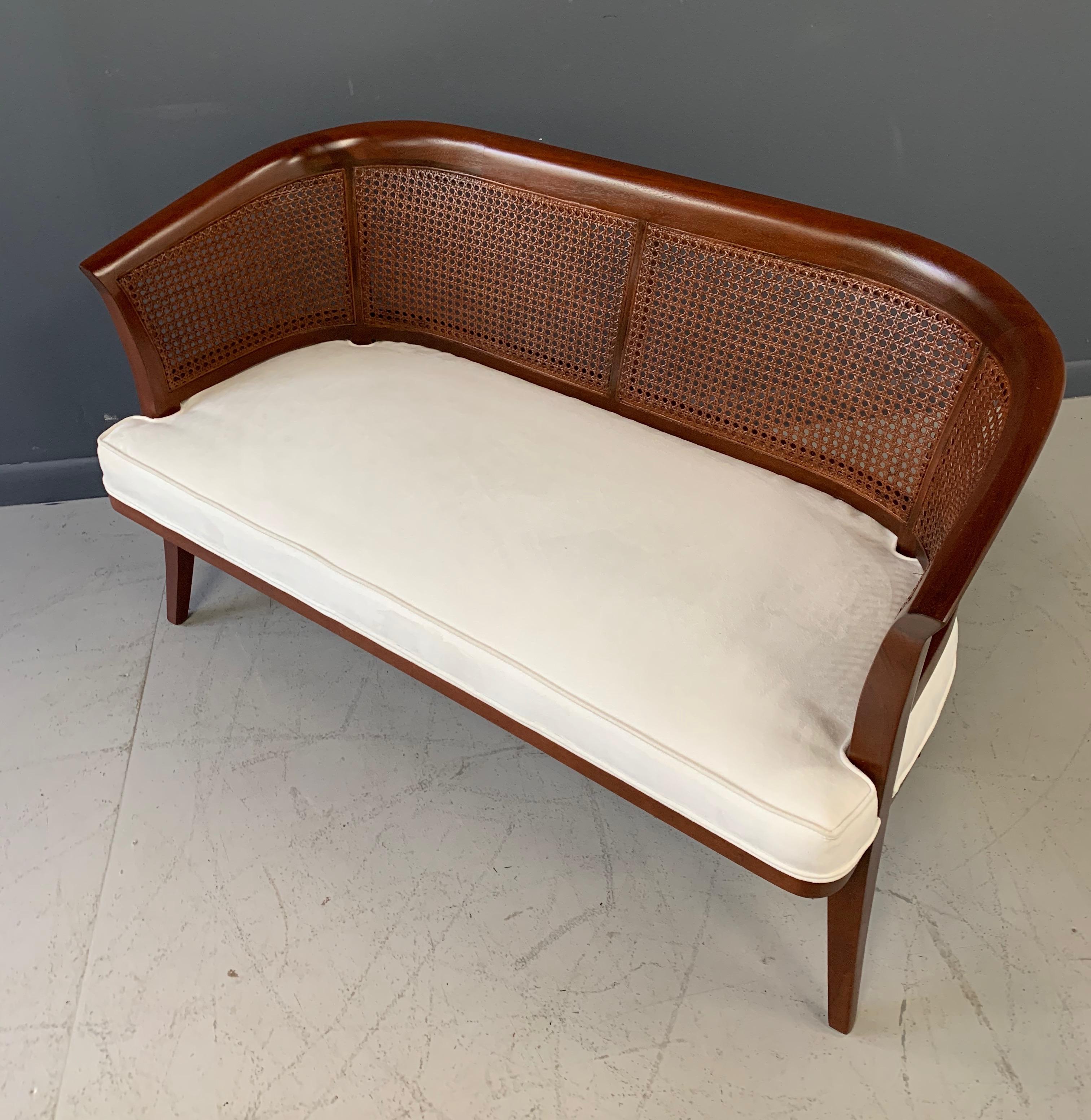 North American Midcentury Mahogany, Cane and Upholstered Bench in the Style of Edward Wormley