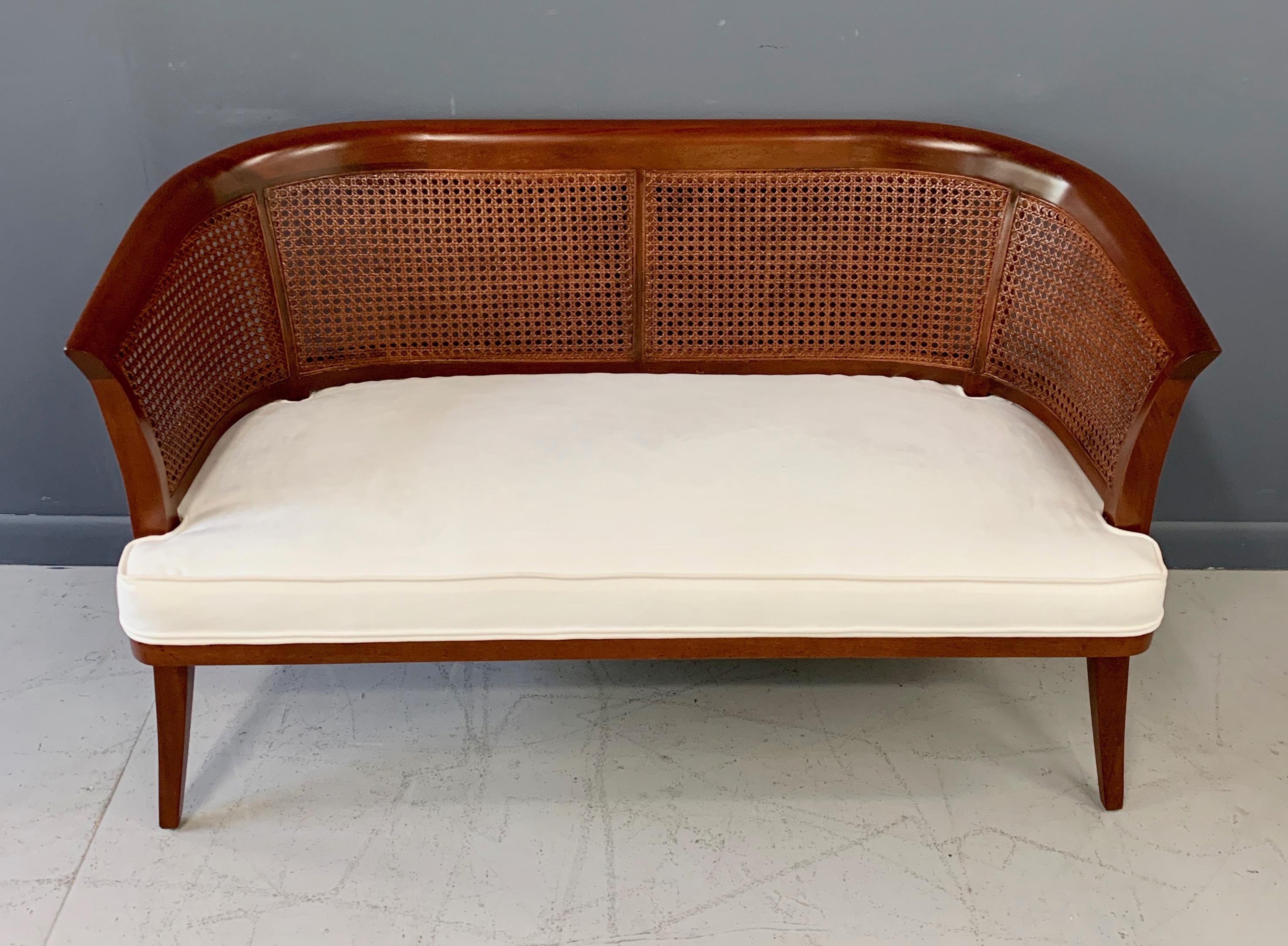 Midcentury Mahogany, Cane and Upholstered Bench in the Style of Edward Wormley In Good Condition In Philadelphia, PA