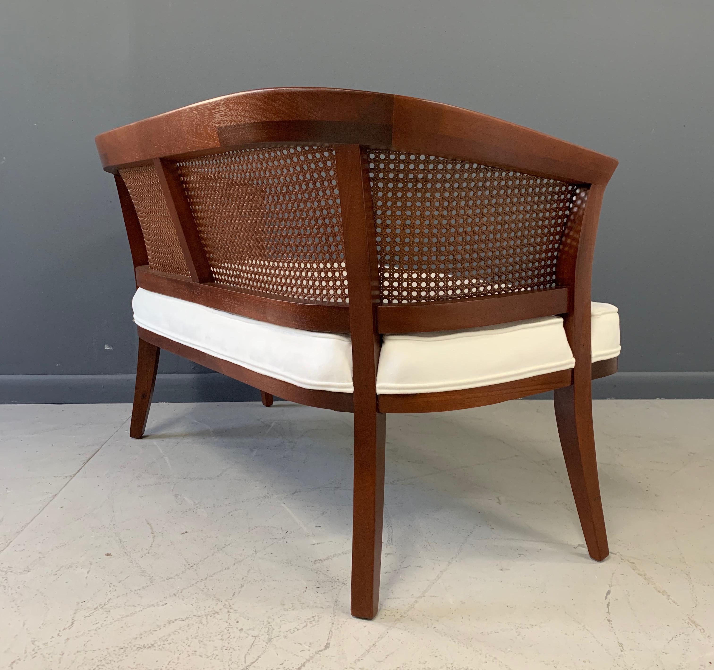 20th Century Midcentury Mahogany, Cane and Upholstered Bench in the Style of Edward Wormley