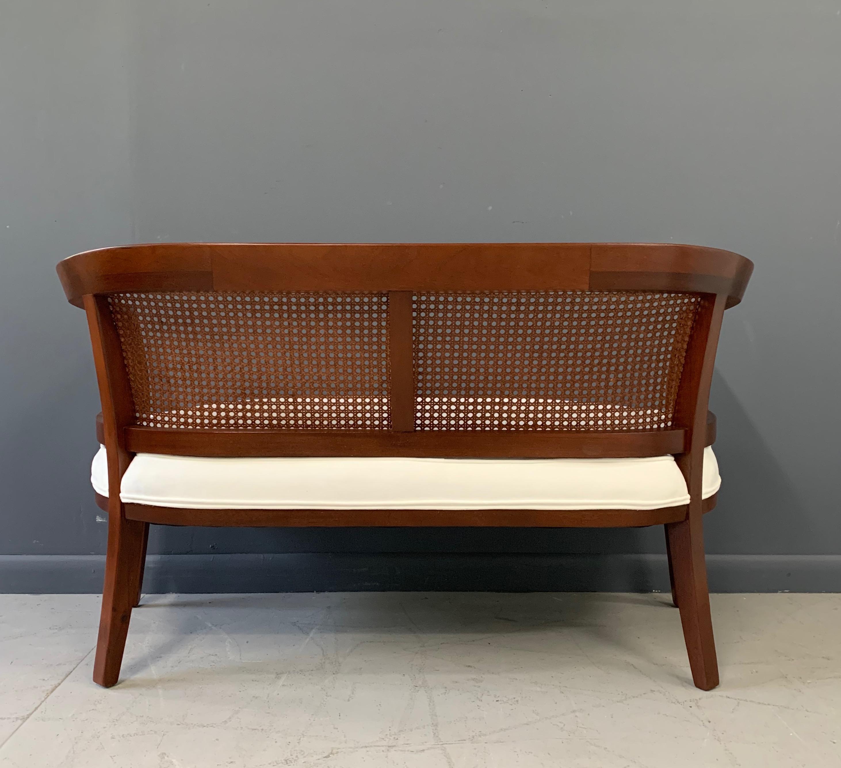 Midcentury Mahogany, Cane and Upholstered Bench in the Style of Edward Wormley 2