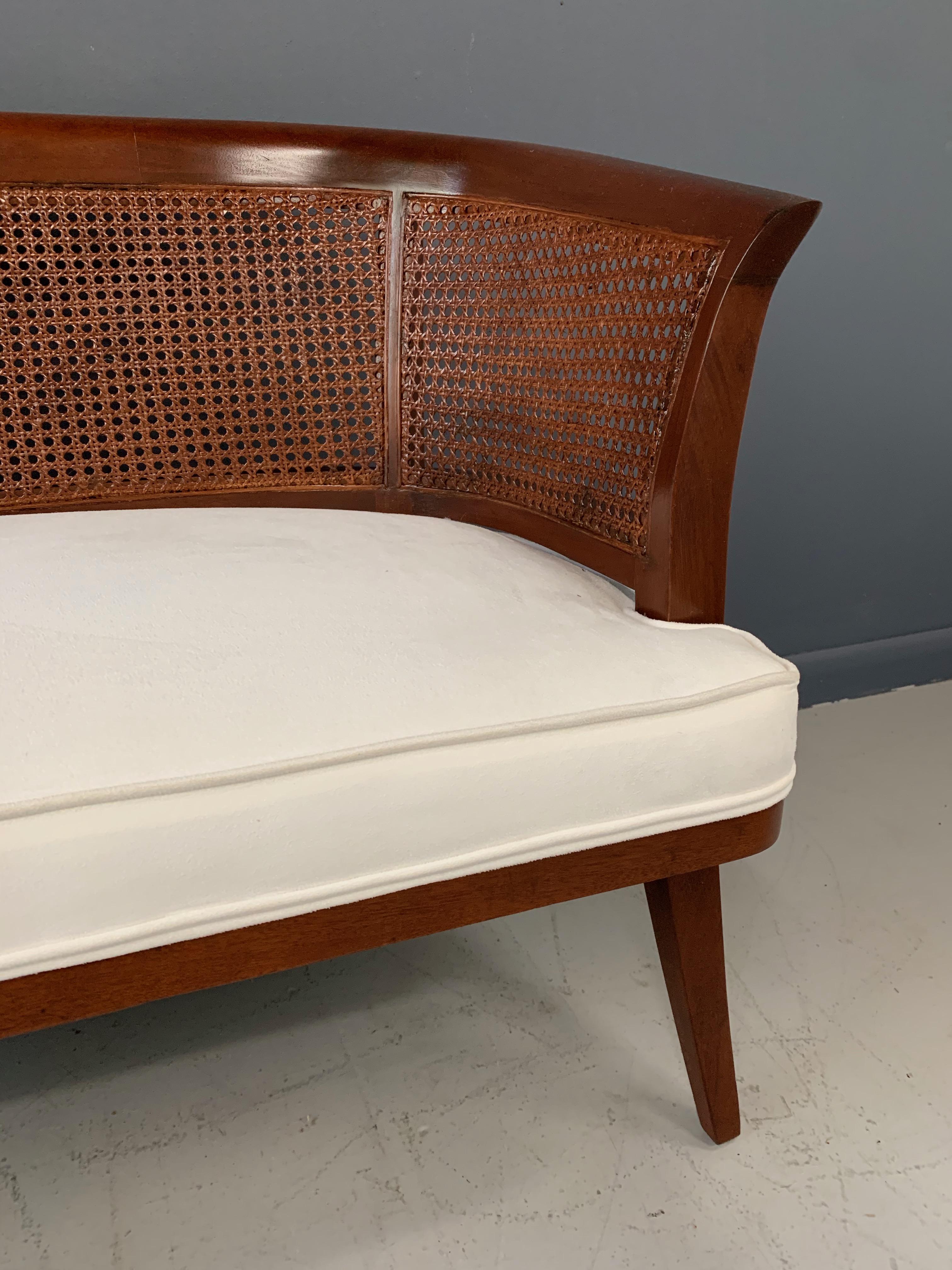 Midcentury Mahogany, Cane and Upholstered Bench in the Style of Edward Wormley 3