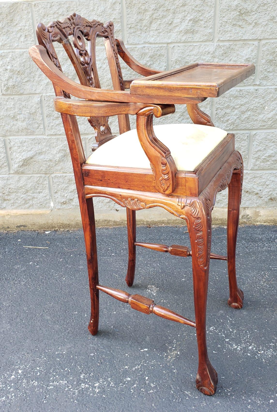 Carved Mid-Century Mahogany Chippendale Style Fruitwood High Chair with Tray For Sale