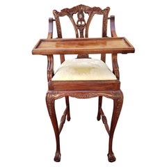 Mid-Century Mahogany Chippendale Style Fruitwood High Chair with Tray