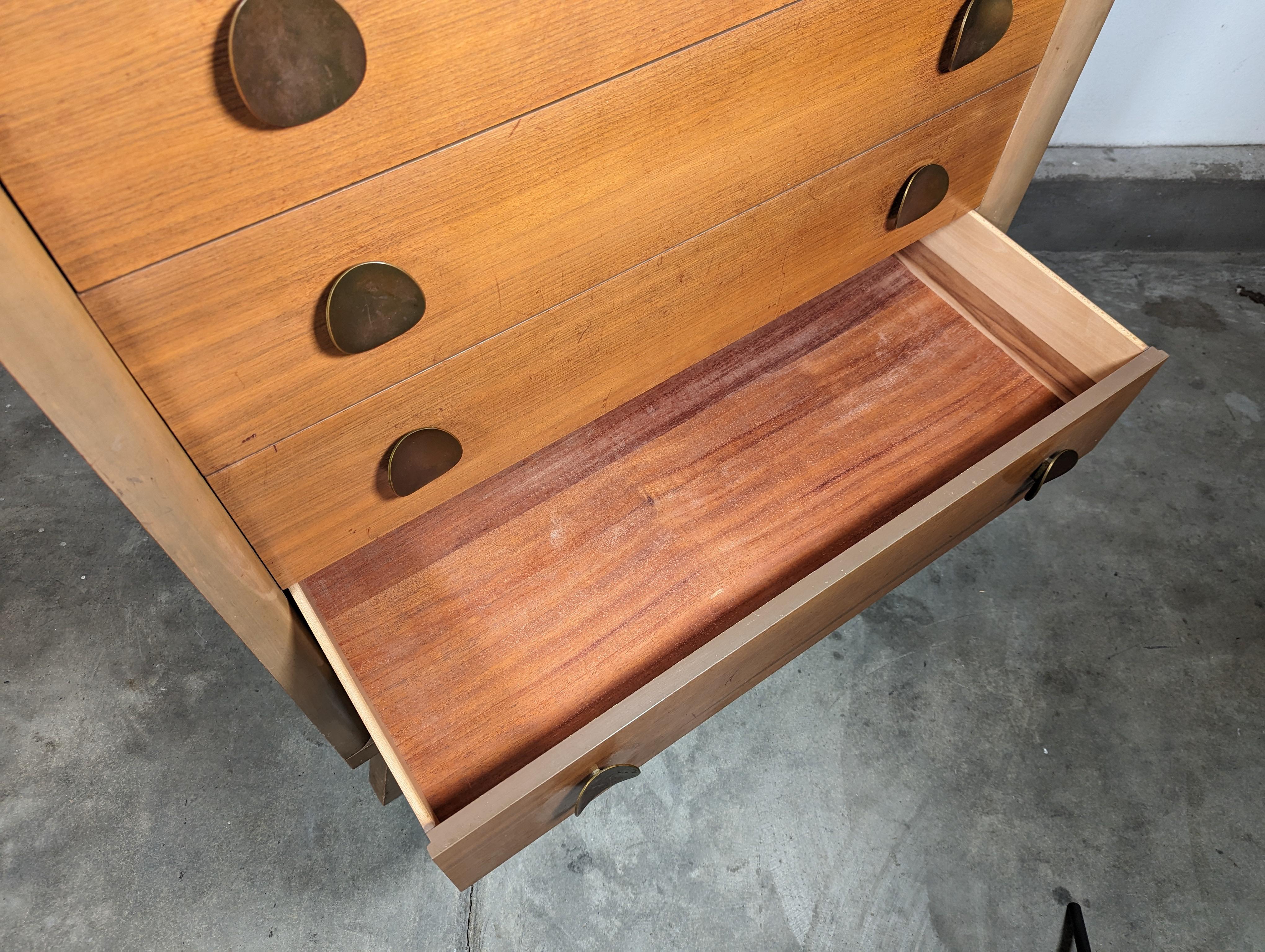 Mid Century Mahogany Tallboy Dresser, Brass Handles, c1950s 7