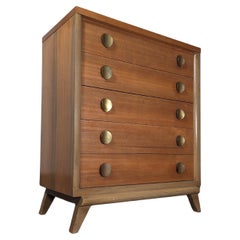 Mid Century Mahogany Tallboy Dresser, Brass Handles, c1950s