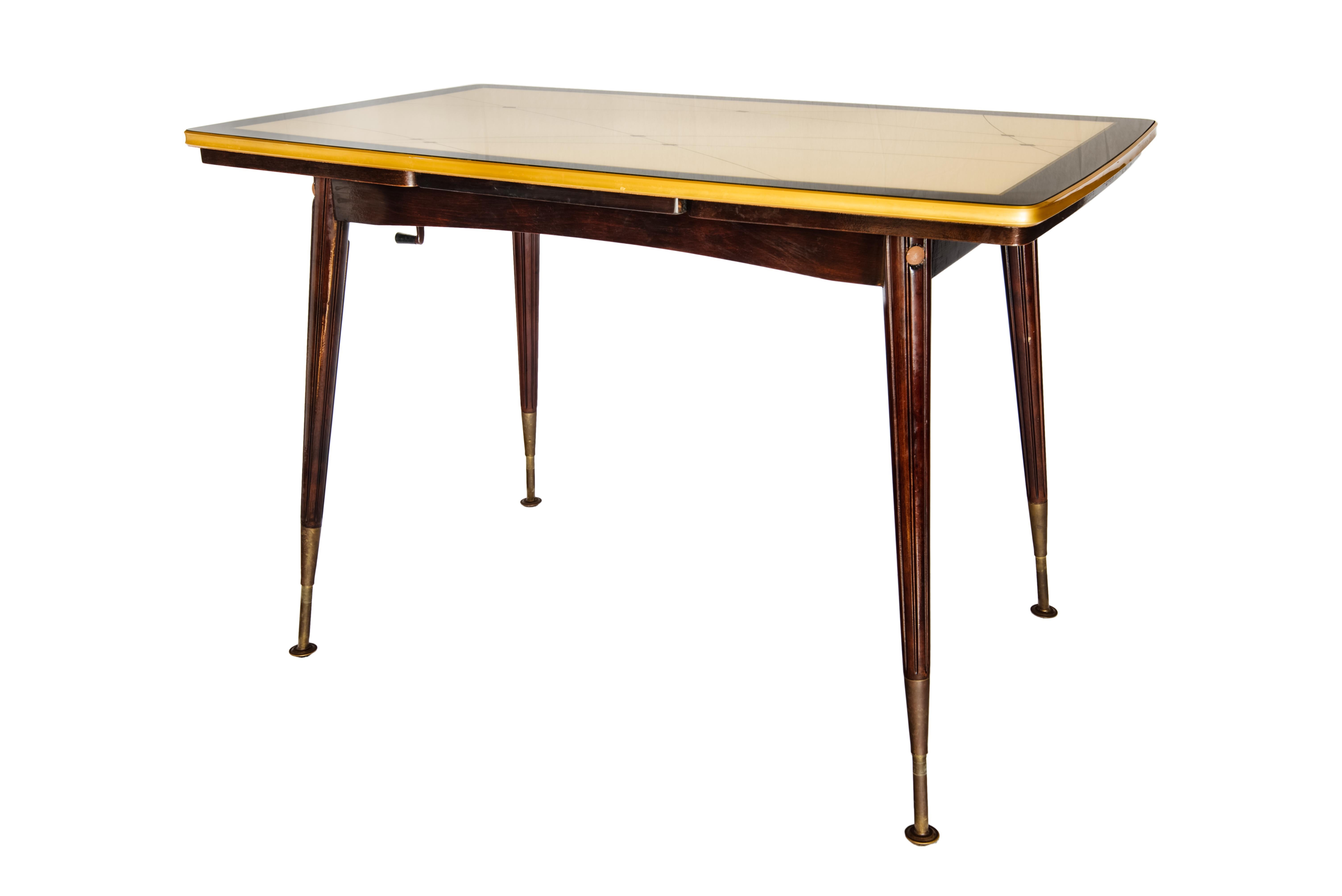 German Midcentury Mahogany Extendable Lifting Table, Resopal Glass Plate, Ilse Möbel