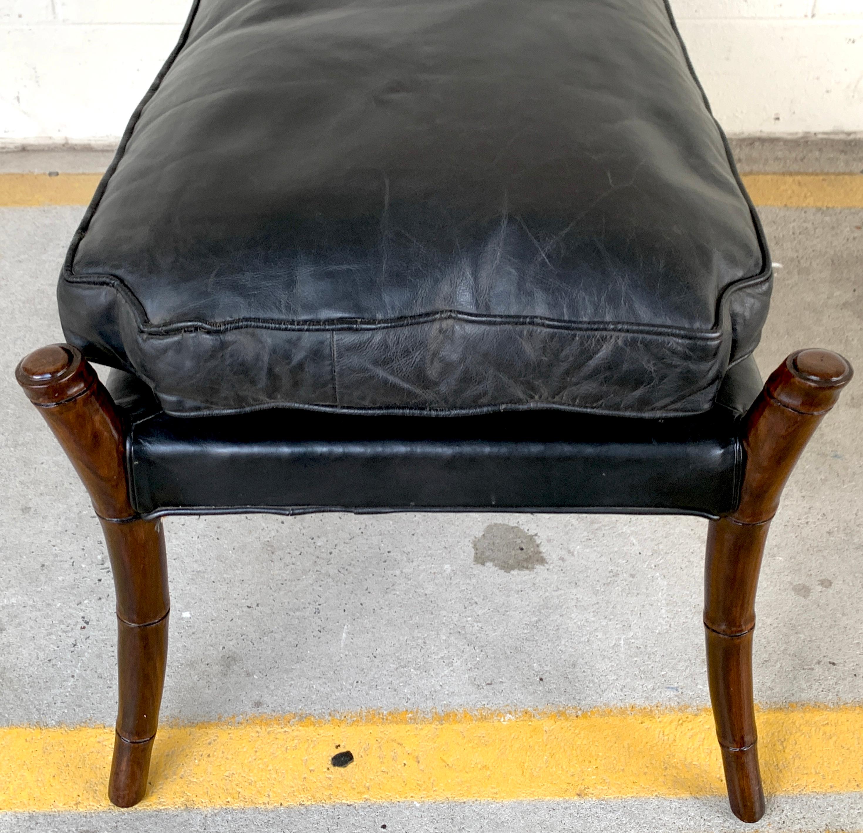 Midcentury Mahogany Faux Bamboo Leather Bench In Good Condition For Sale In Atlanta, GA