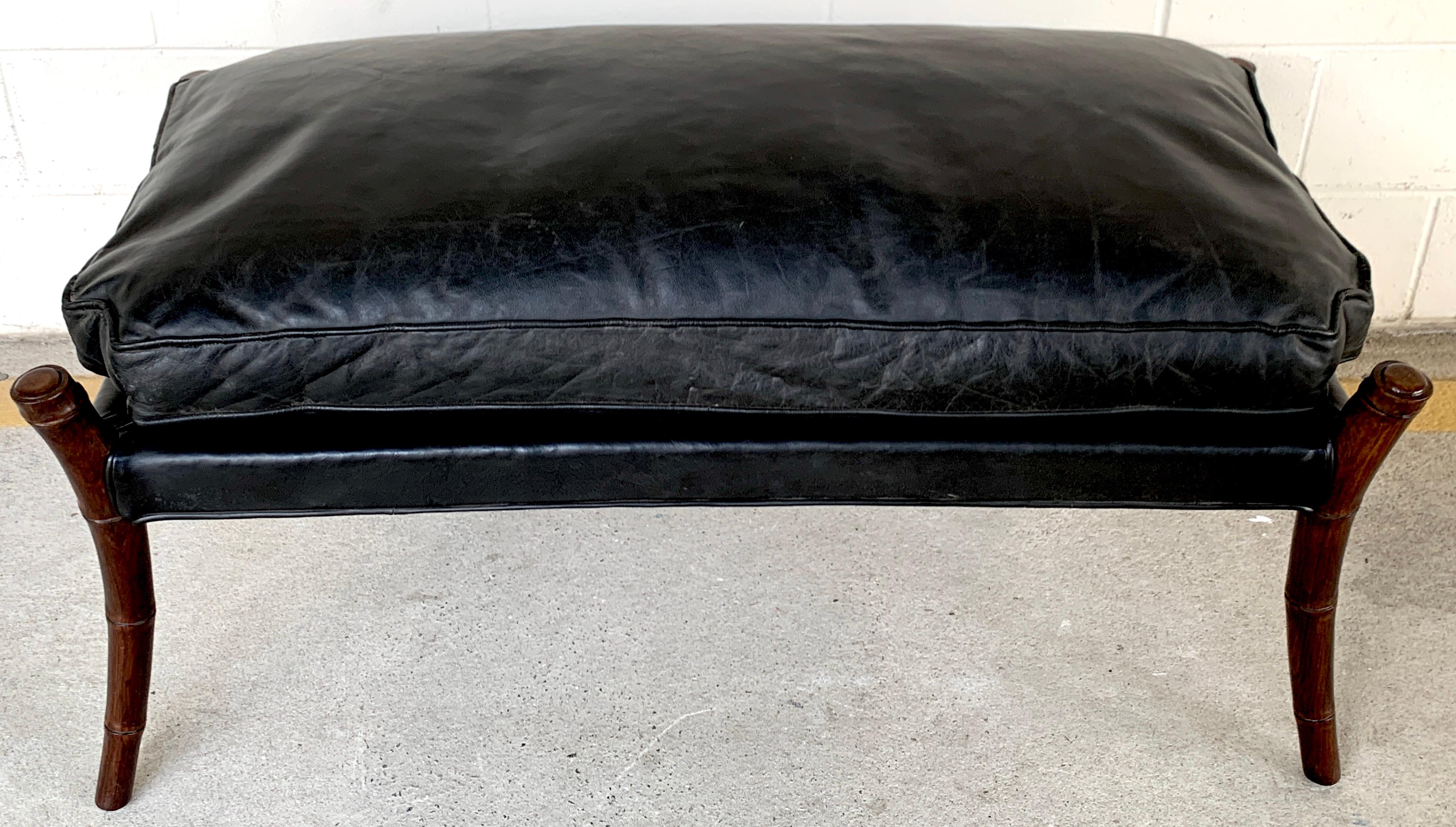 20th Century Midcentury Mahogany Faux Bamboo Leather Bench For Sale