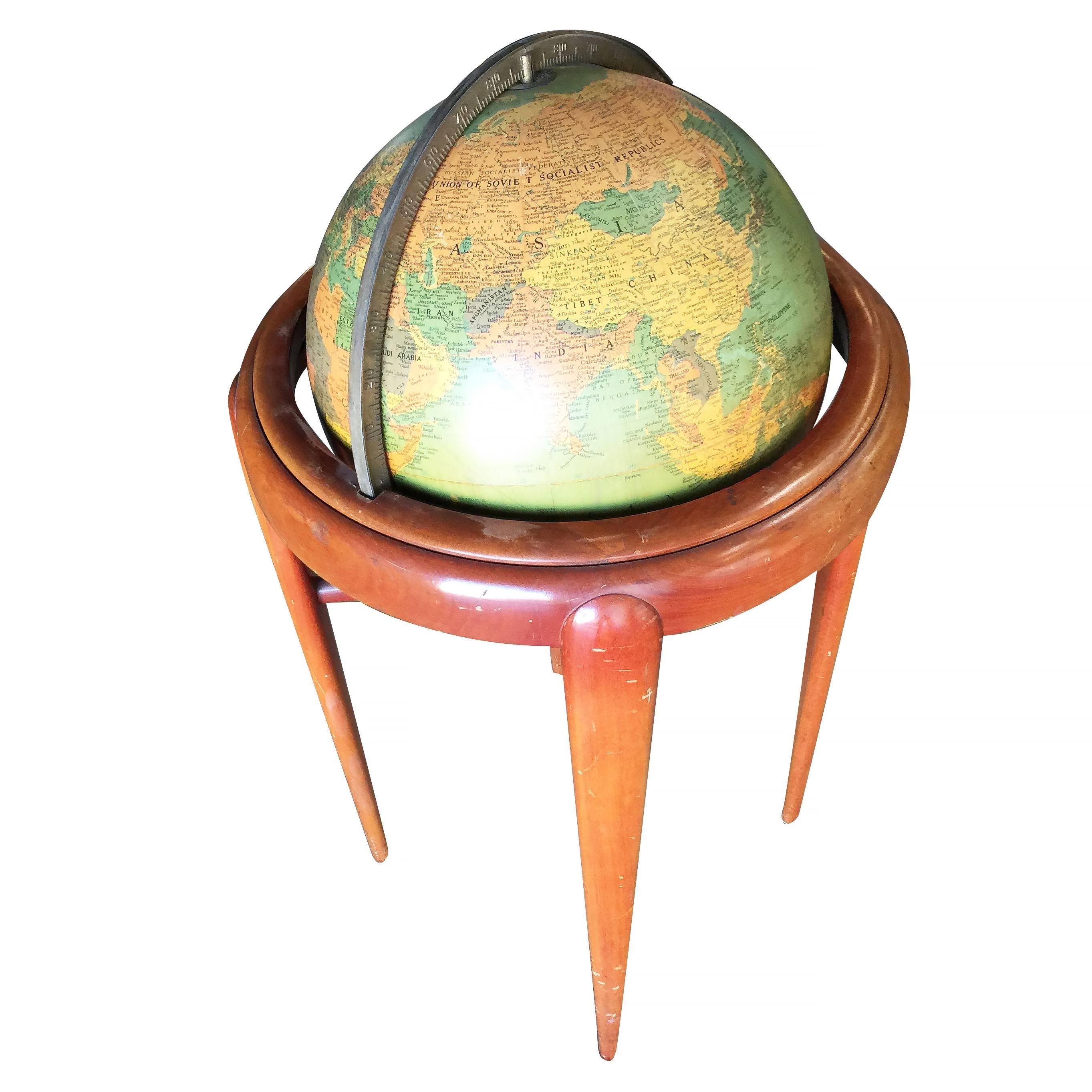 Steel Midcentury Mahogany Floor Globe by Replogle