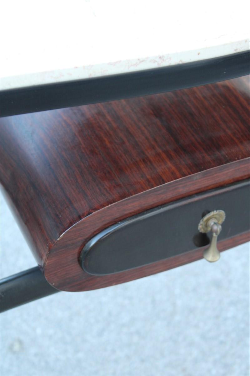 Midcentury mahogany Italian design console rectangular marble top 1950s, oval drawer of extraordinary shape.