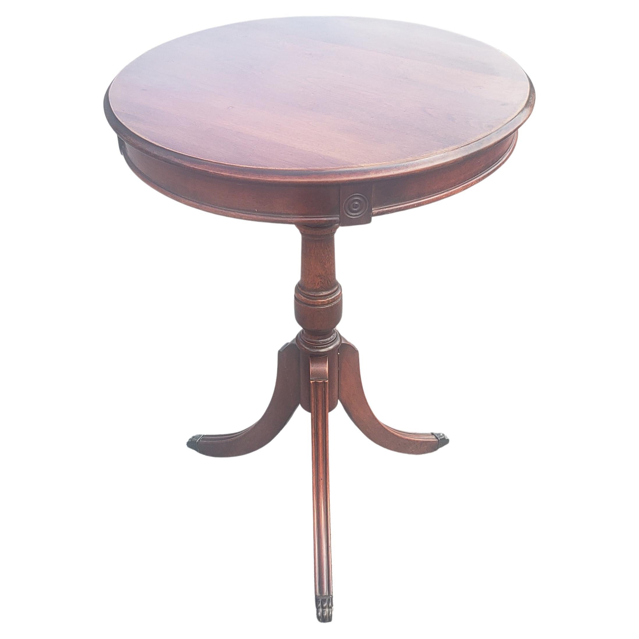 American Midcentury Mahogany Pedestal Tripod Drum Side Table with Paw Feet For Sale