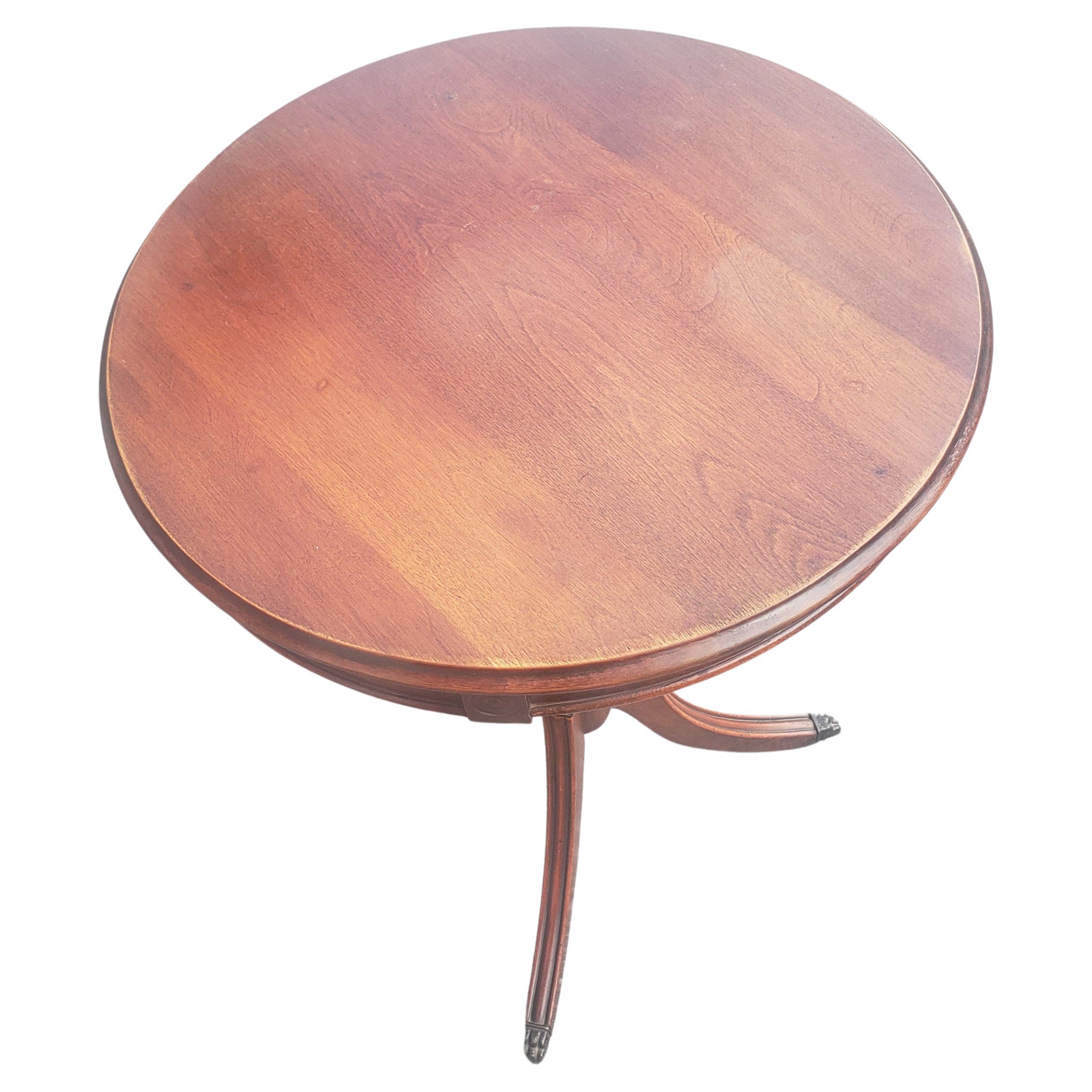 Stained Midcentury Mahogany Pedestal Tripod Drum Side Table with Paw Feet For Sale